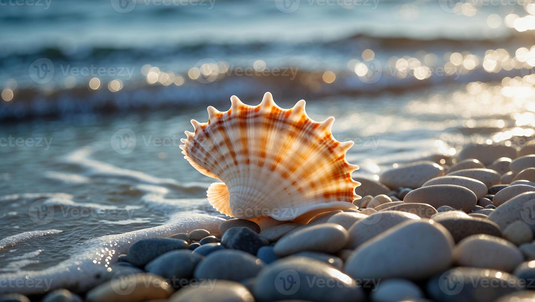 Seashell on Pebble Beach with Gentle Waves and Sunlight photo