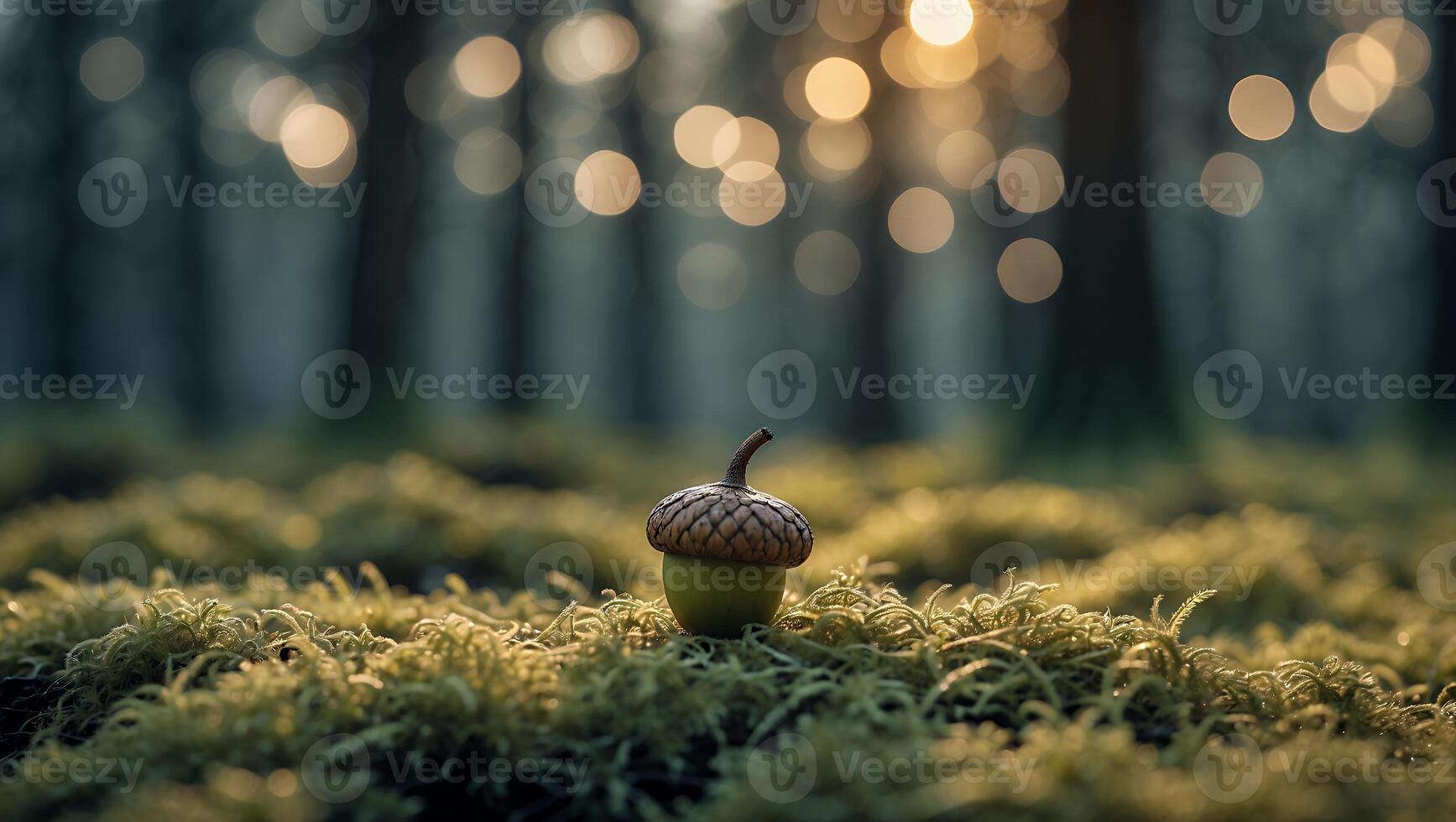 Acorn Resting on Moss in Forest with Bokeh Sunlight Background photo