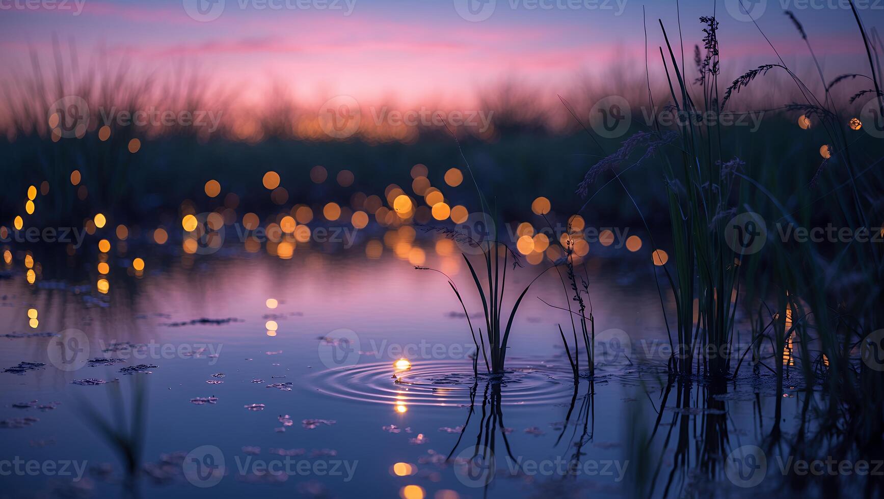 Still Water Reflecting Sunset Sky with Grass and Bokeh Lights photo