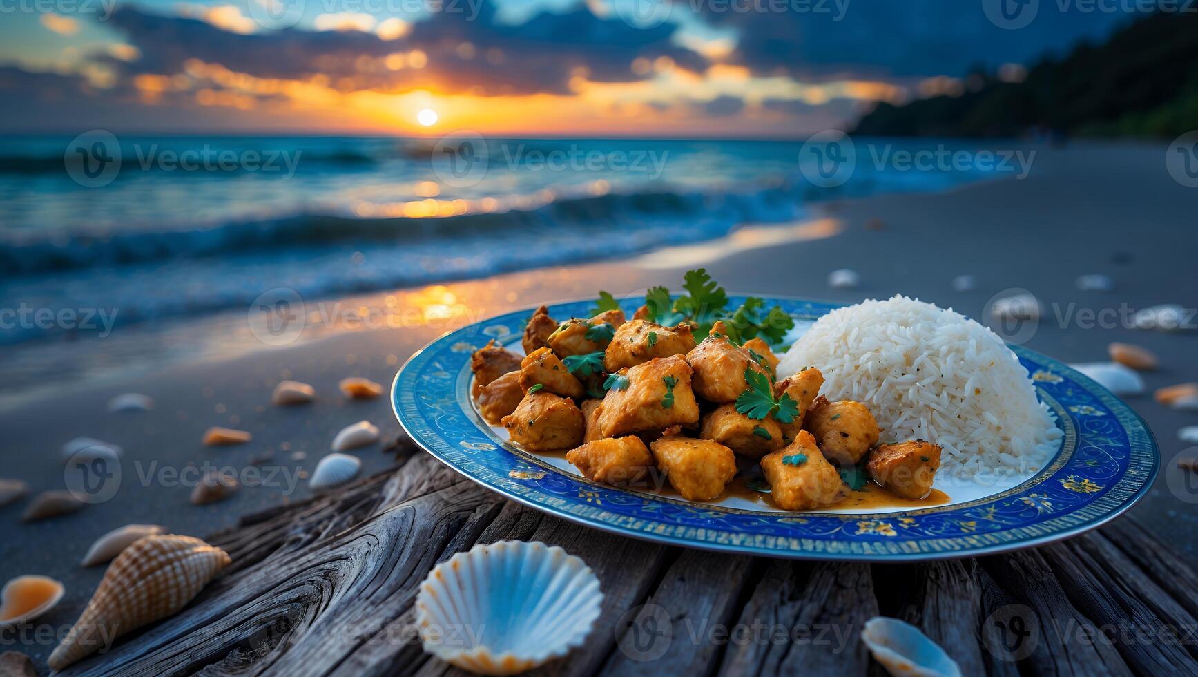 Delicious Meal Presentation on Beach with Ocean Sunset Scenery photo