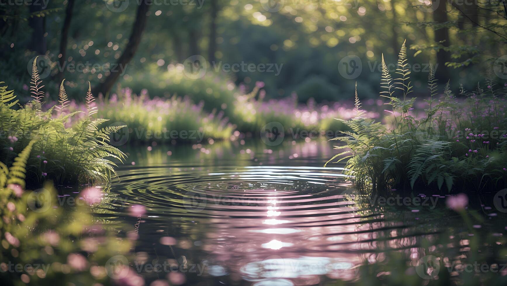 Rippling Water Surface in Forest with Ferns and Soft Light photo