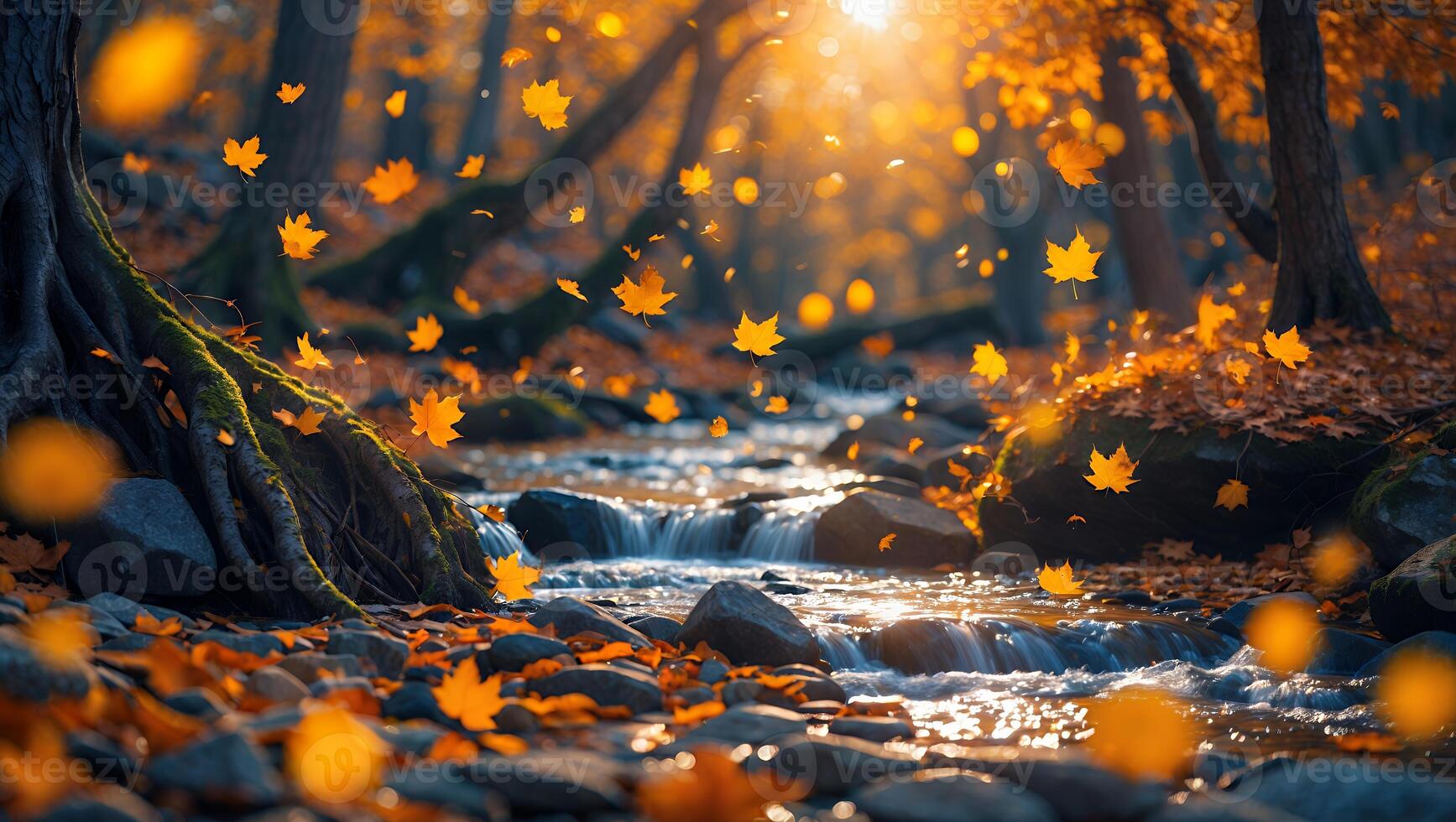 Falling Autumn Leaves Over a Forest Stream with Sunlight photo