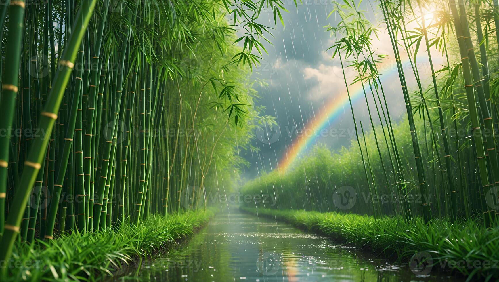 Walking in Nature Path Through Bamboo Forest with Rain and Rainbow photo