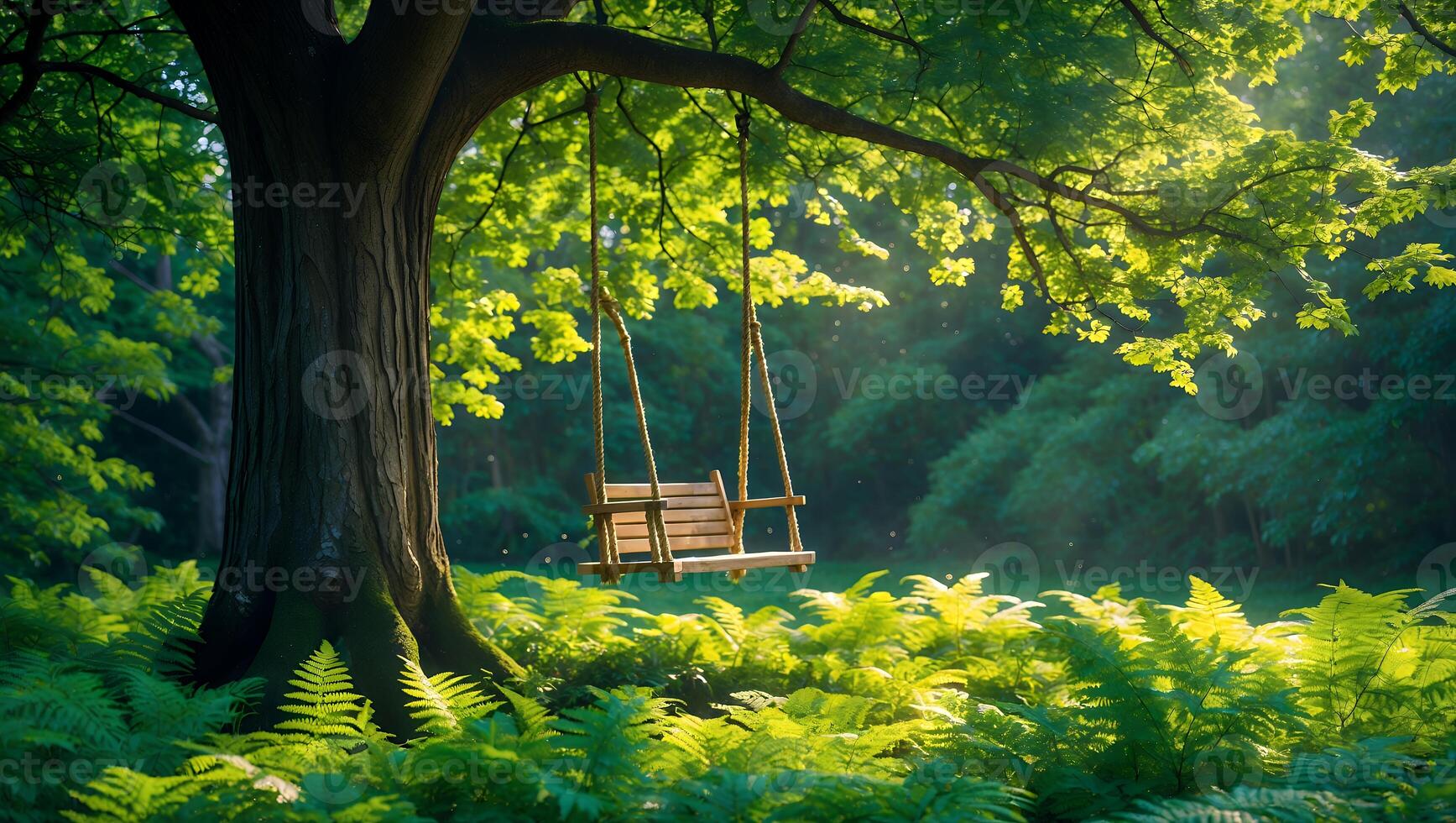 Wooden Swing Hanging From Tree Branch in Forest Glade with Ferns photo