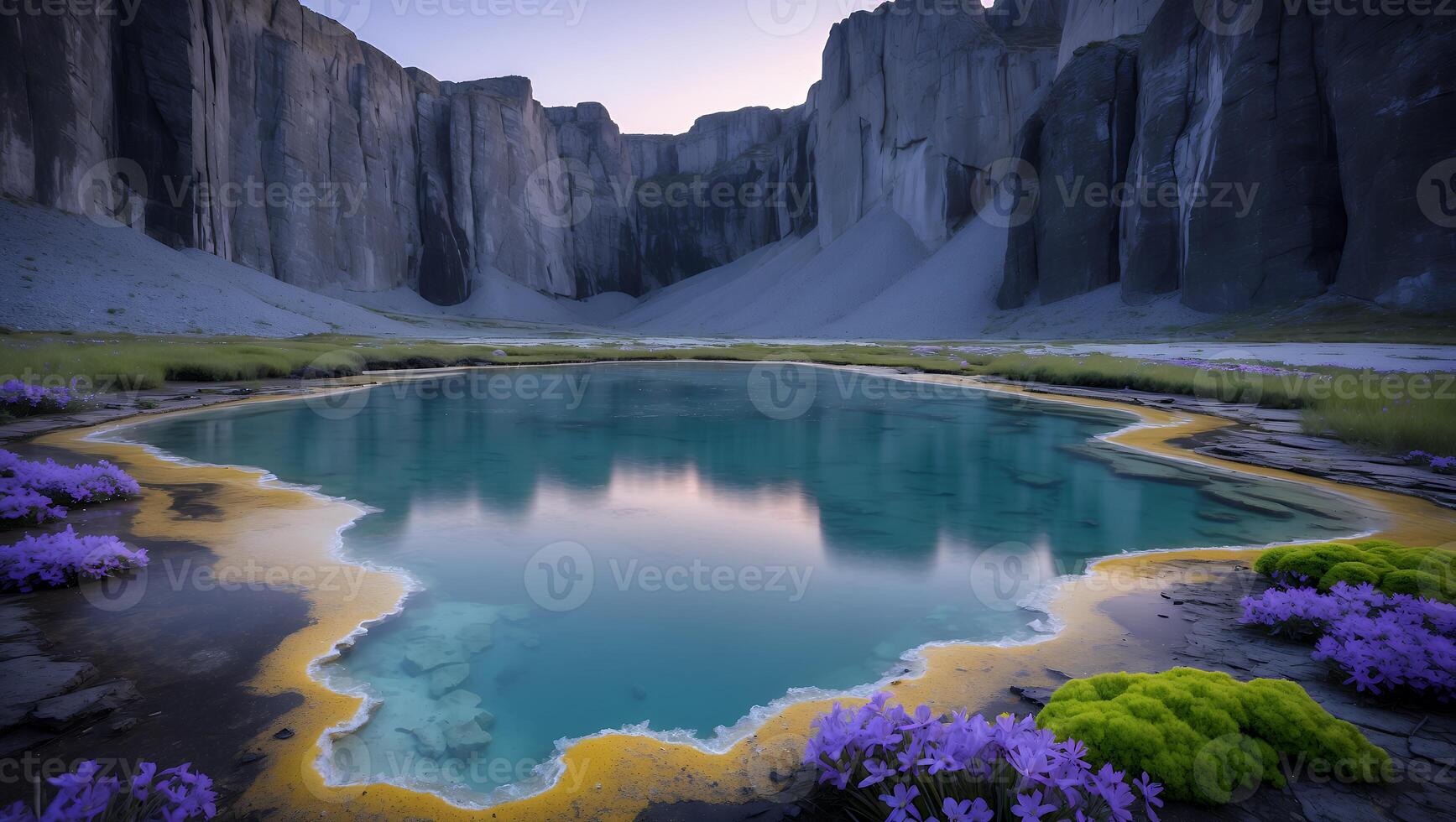 Turquoise Lake Reflection with Rocky Cliffs and Wildflower Landscape photo