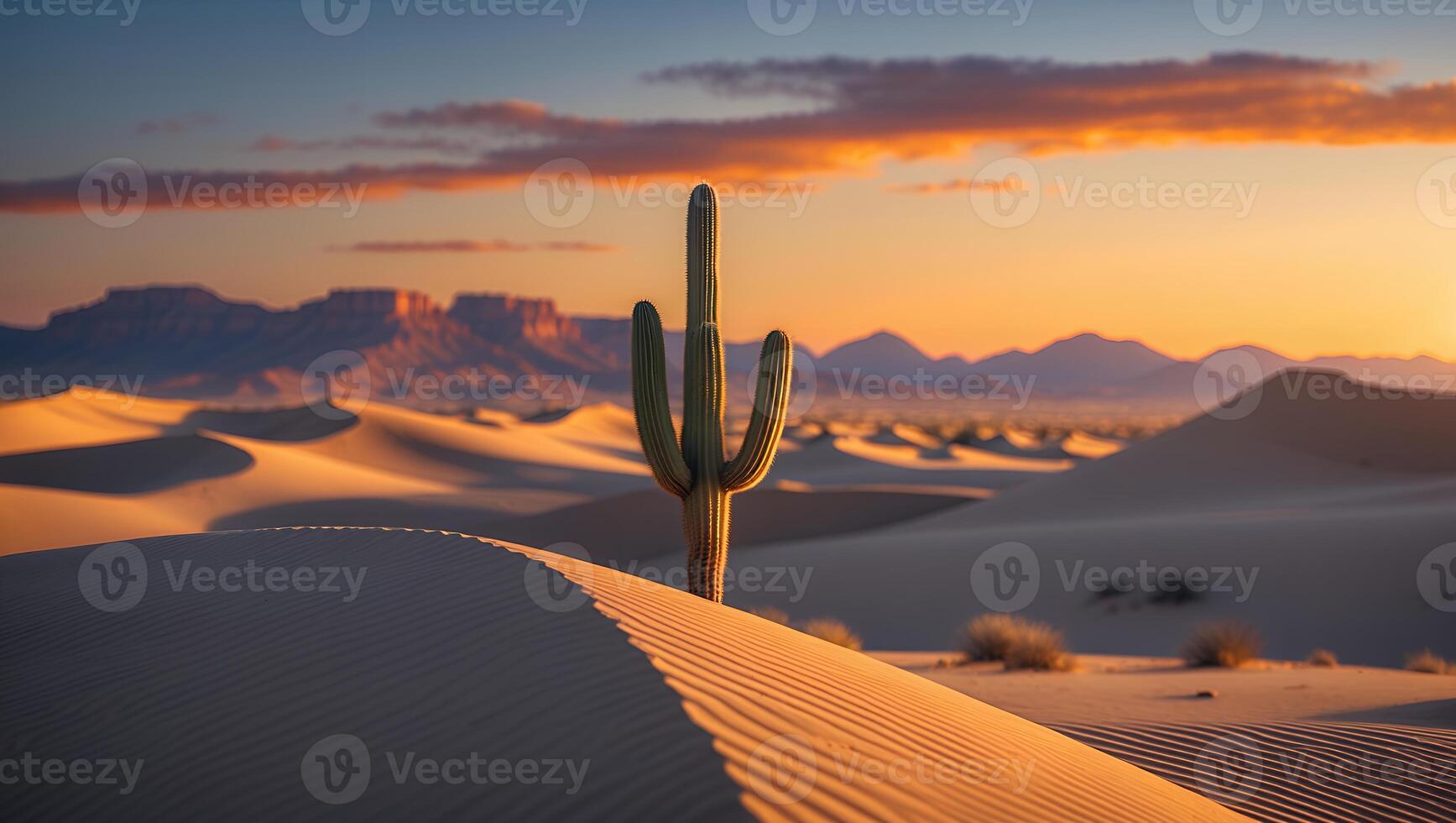 Standing Cactus in Desert Sand Dunes at Sunset with Distant Mountains photo