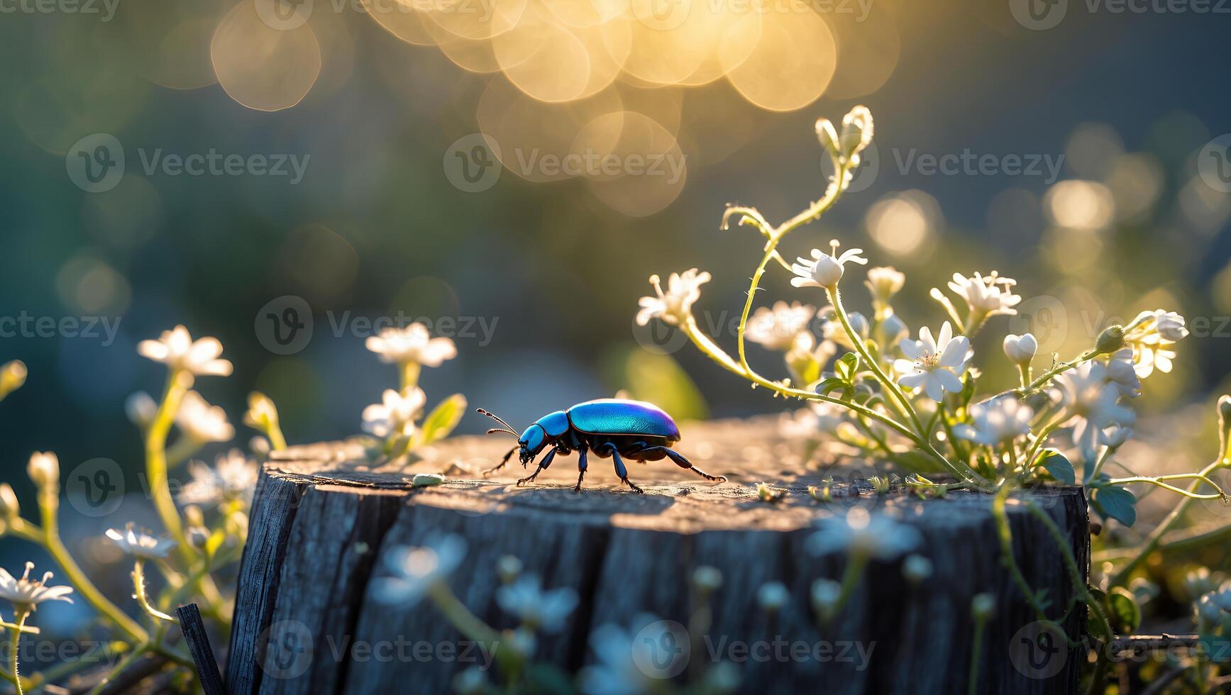 Iridescent Beetle Exploring a Wood Stump Surrounded by White Flowers photo