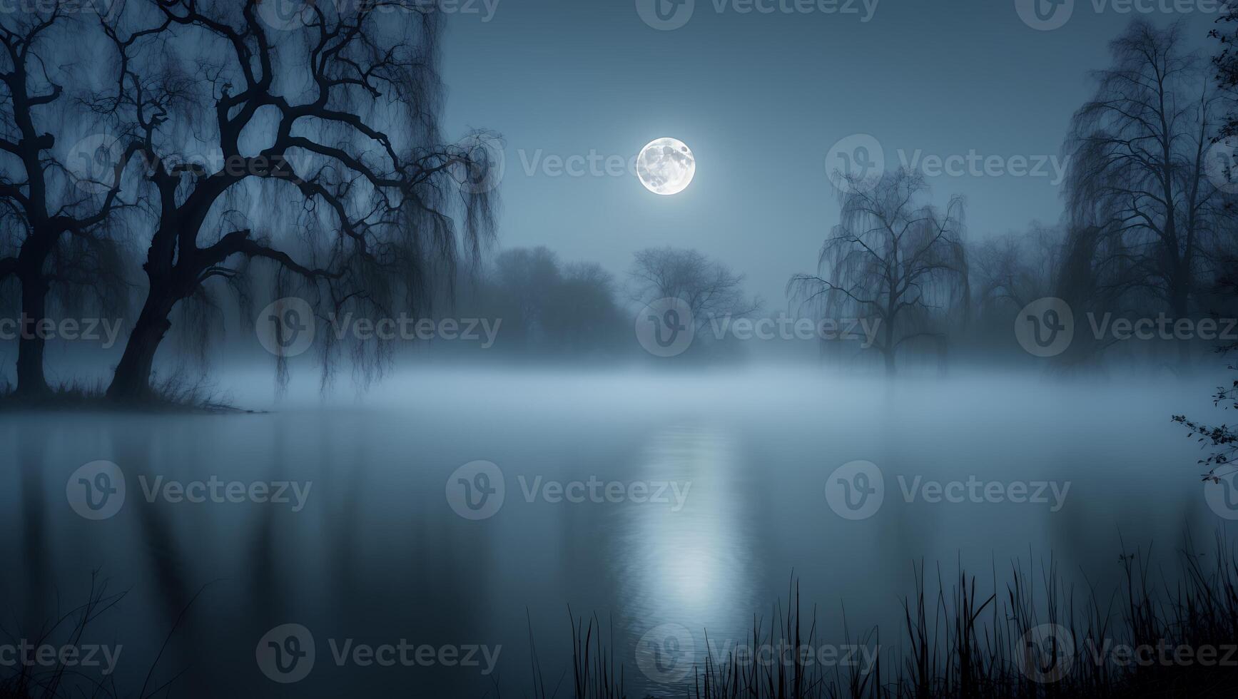 Moonlit Lake with Foggy Landscape and Tree Silhouettes Reflecting in Water photo