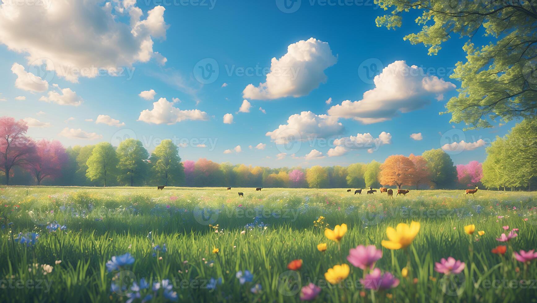 Cattle Grazing in Spring Meadow with Colorful Flowers and Trees photo
