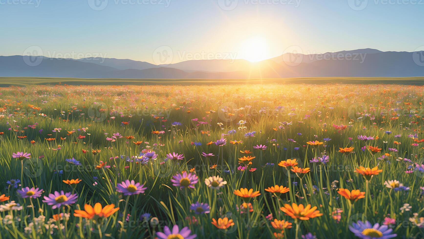 Colorful Wildflower Field at Sunrise with Mountains in the Background photo