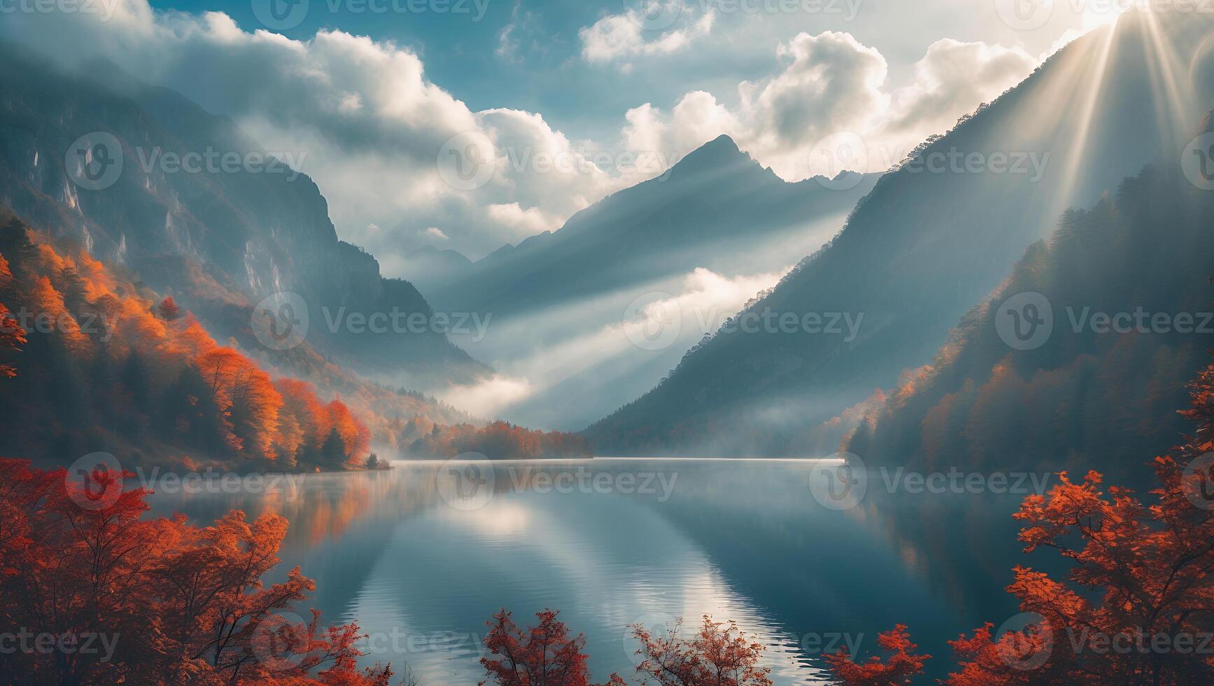 Scenic Lake Surrounded by Autumn Trees and Mountains with Sunrays photo