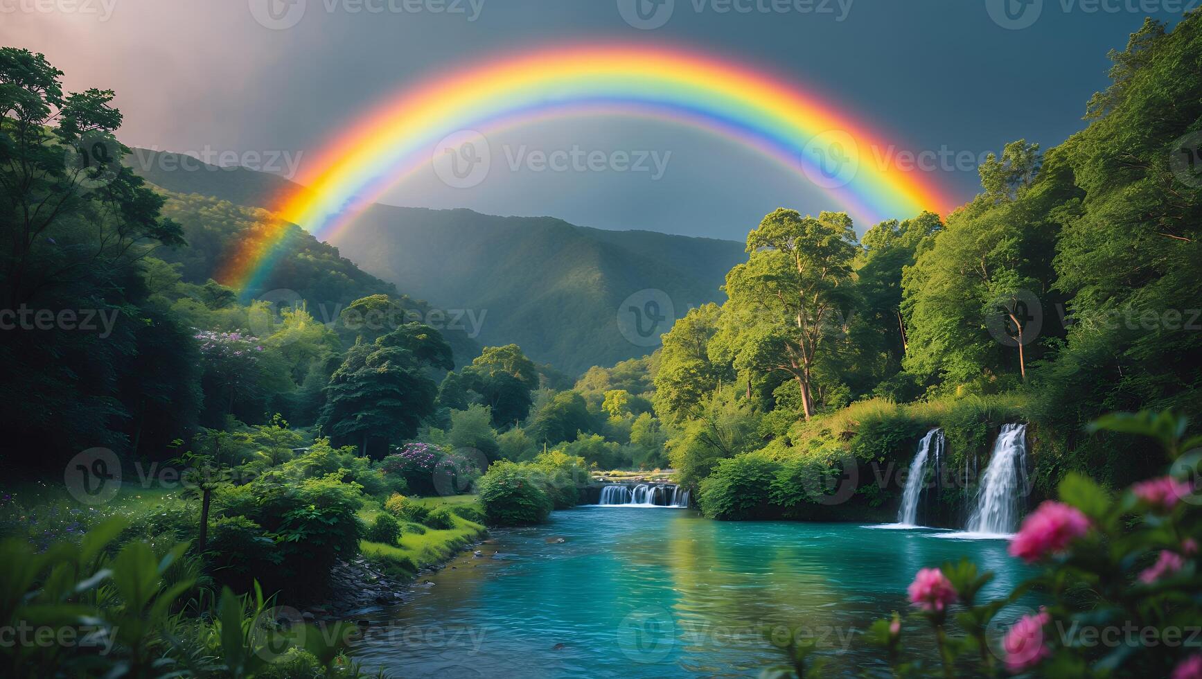Rainbow Over Lush Green Forest and Flowing River with Waterfalls photo