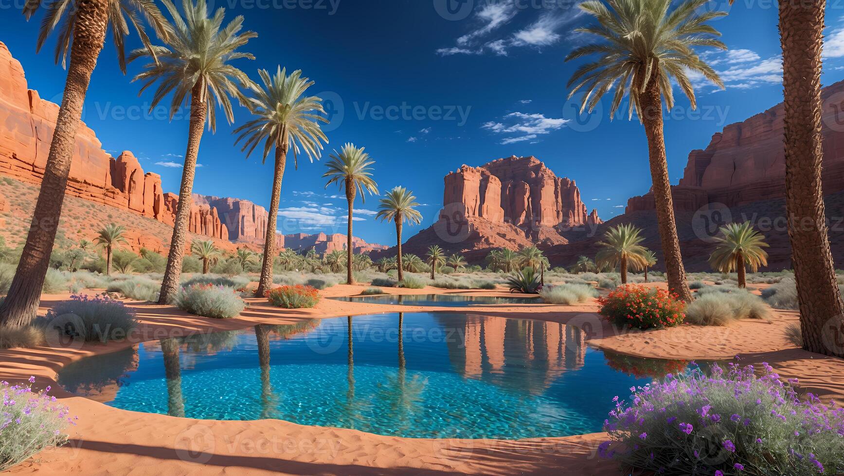 Desert Oasis with Palm Trees and Rock Formations Reflection View photo
