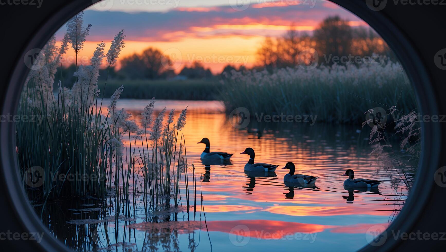 Ducks Swim on Lake at Sunset Framed by Circular Window photo