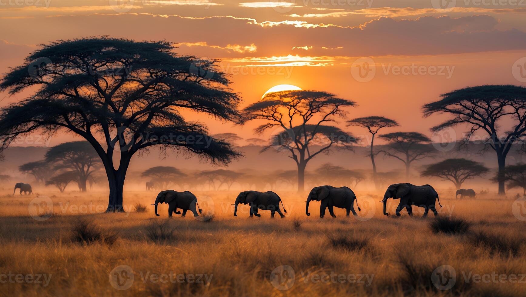 Elephants Walking Through Savannah at Sunset with Acacia Trees photo