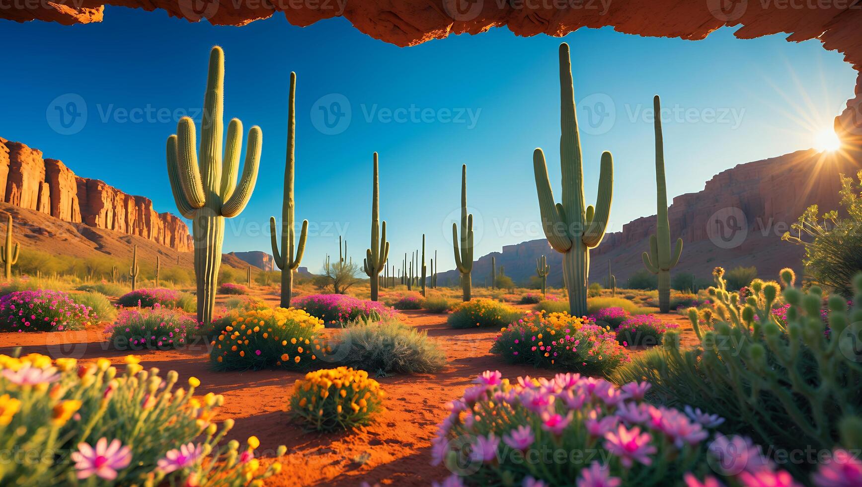 Exploring Desert Landscape with Cactus and Wildflowers at Sunset photo