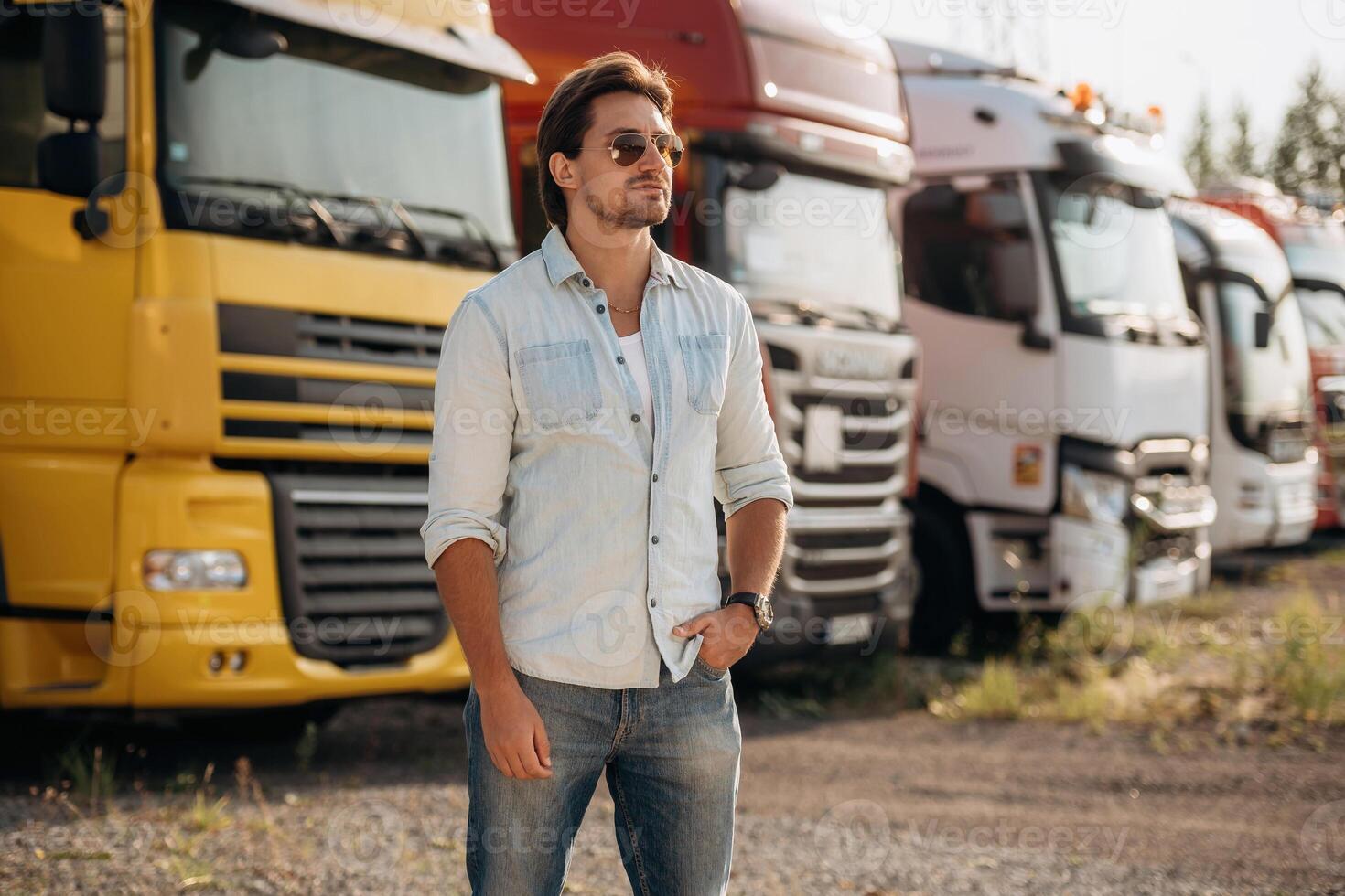Eyewear, cool ,look, in the sunglasses, ,standing. Truck driver is near the transport outdoors photo