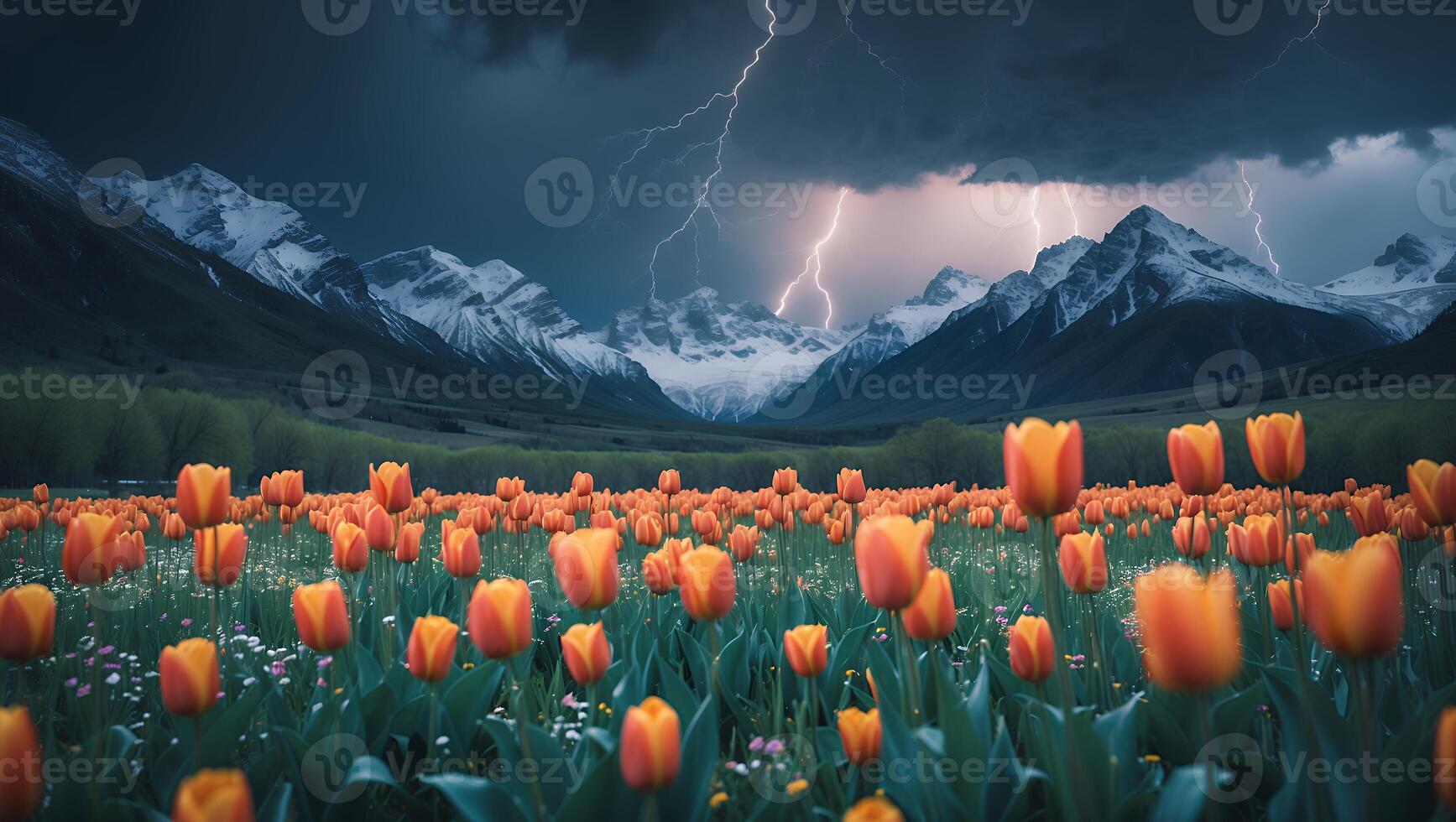 Tulip Field Under Stormy Sky with Lightning Over Snowy Mountains photo