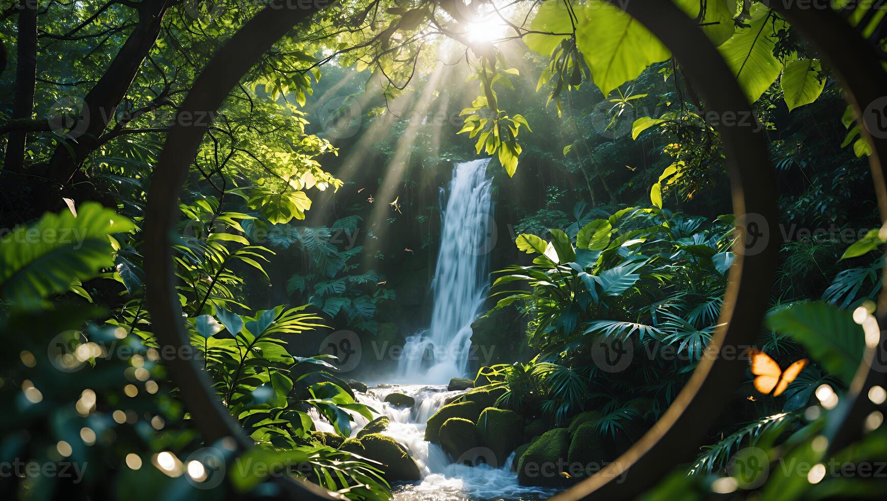 Waterfall Flowing in Lush Jungle with Sunlight Rays and Butterfly photo