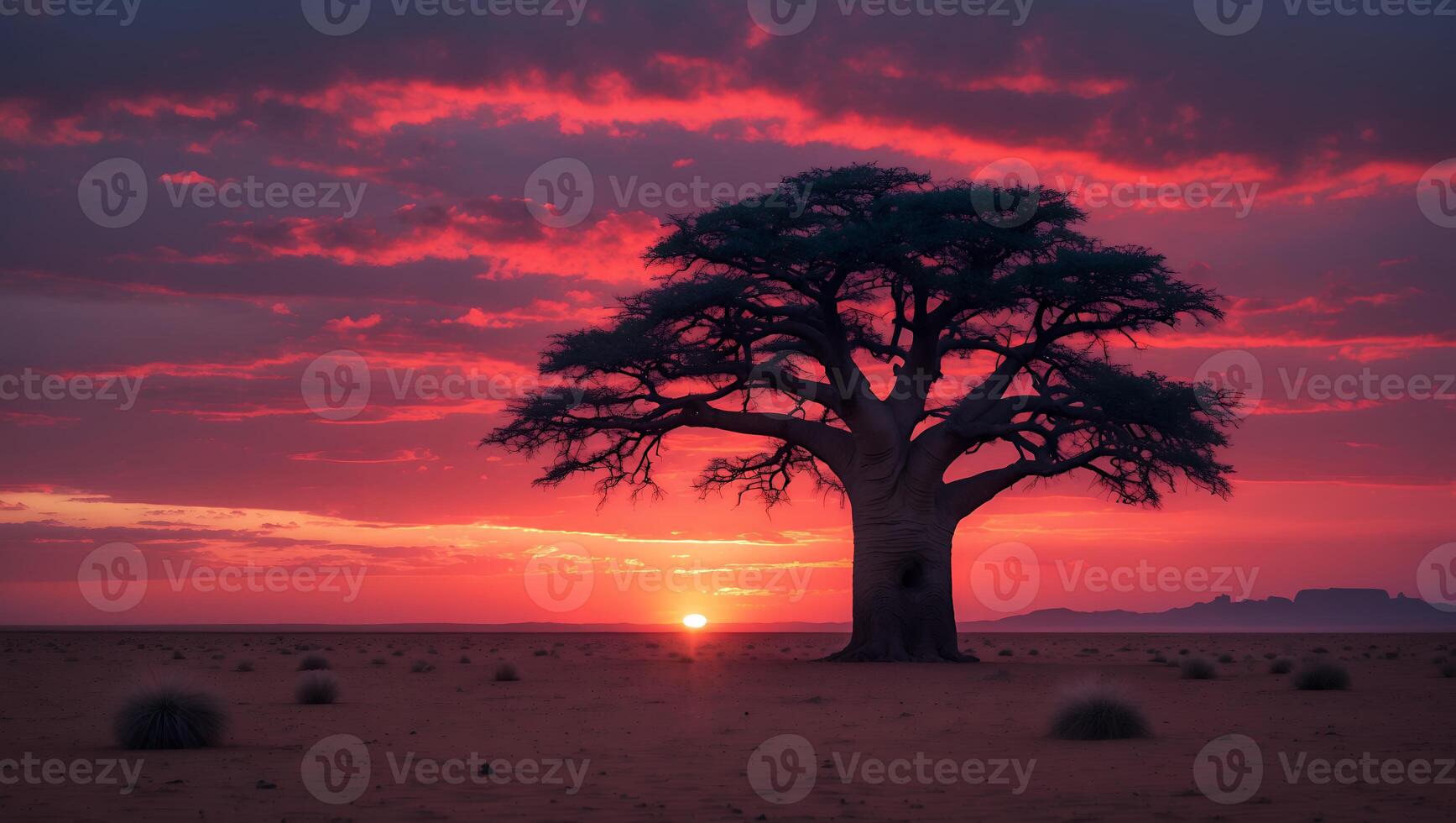Lone Tree Silhouette at Dramatic Sunset in Arid Landscape Scene photo