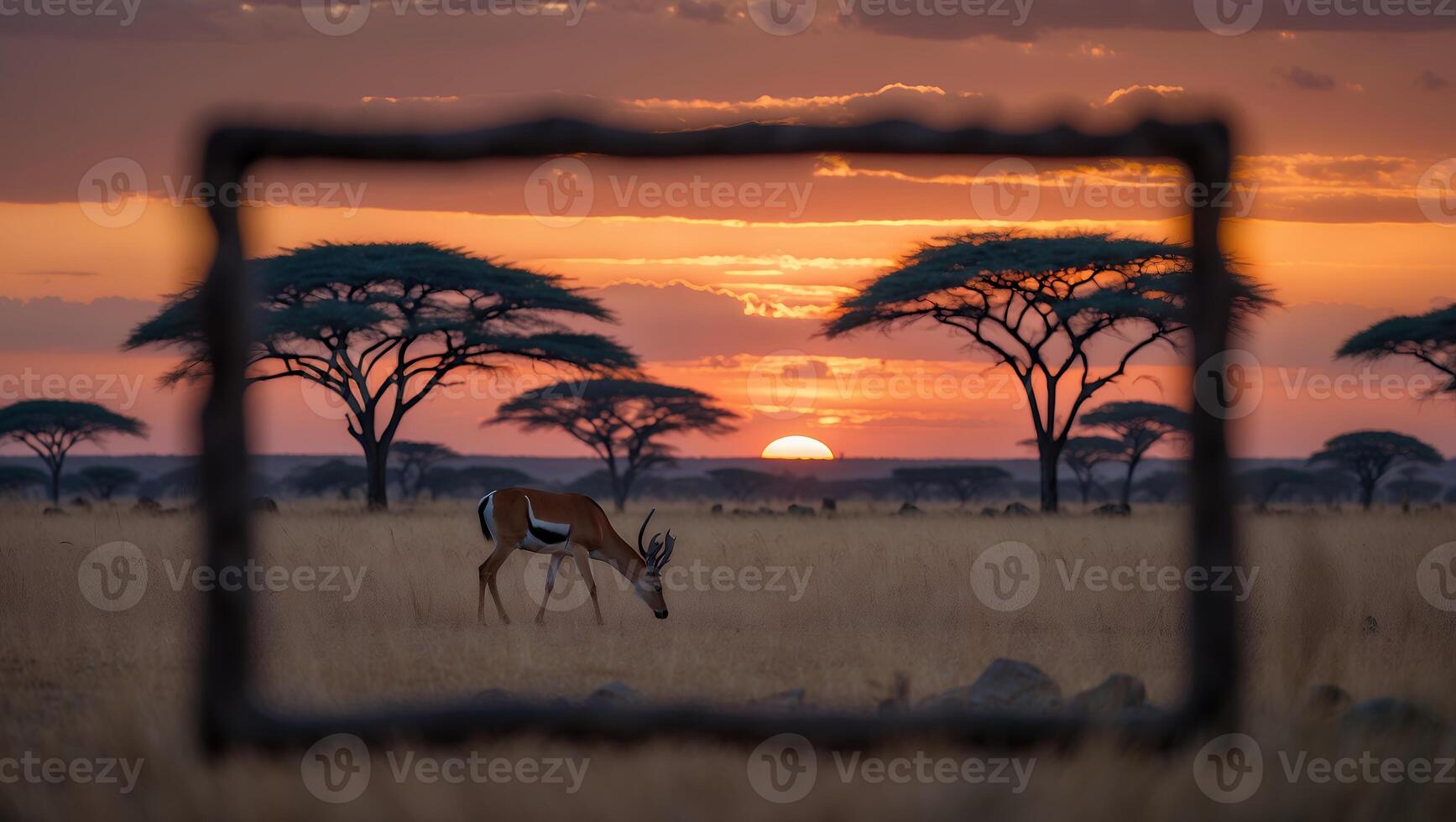 Antelope Grazing in Savannah Framed at Sunset with Vibrant Sky photo