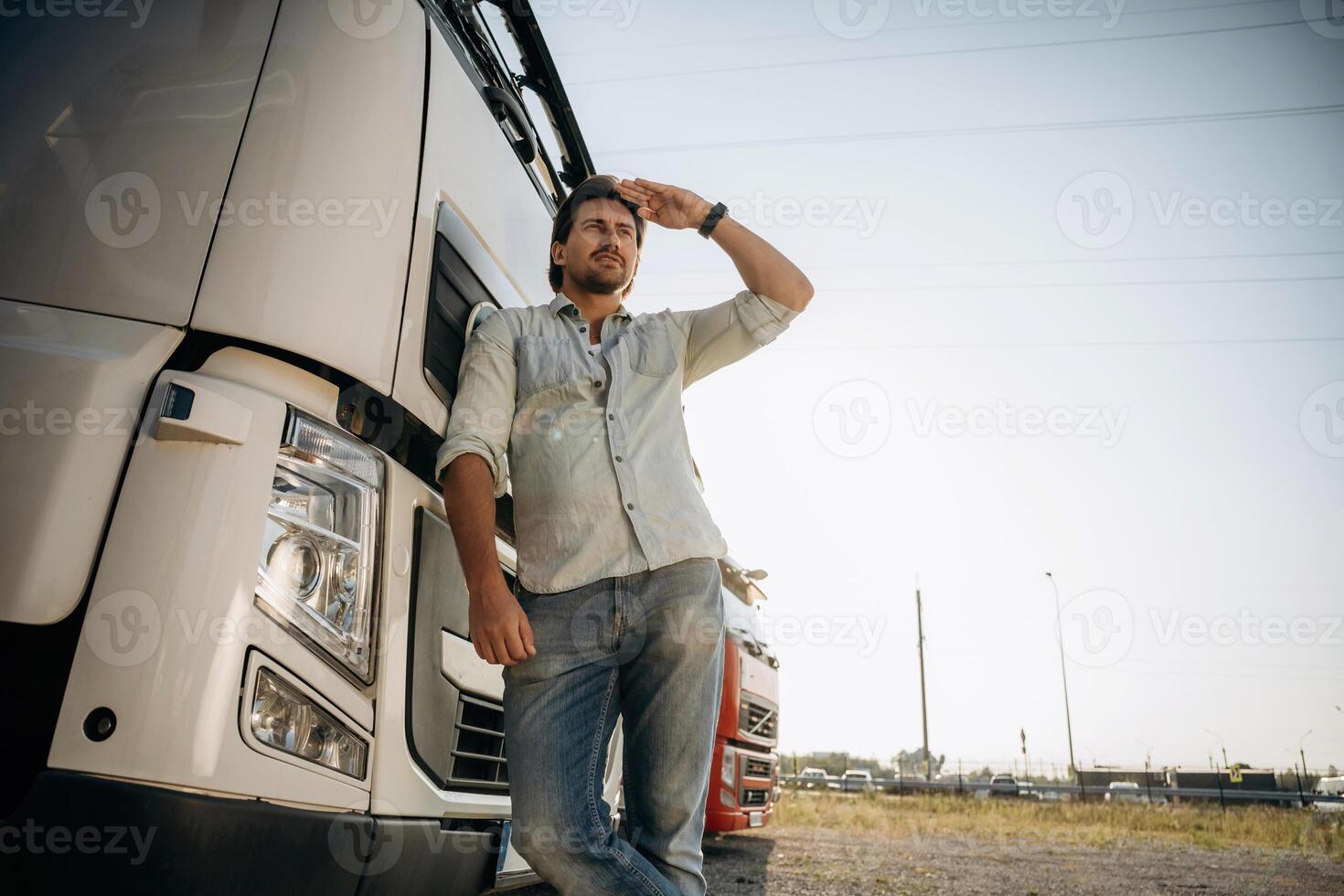 View, from, below,, standing, and posing. Truck driver is near the transport outdoors photo