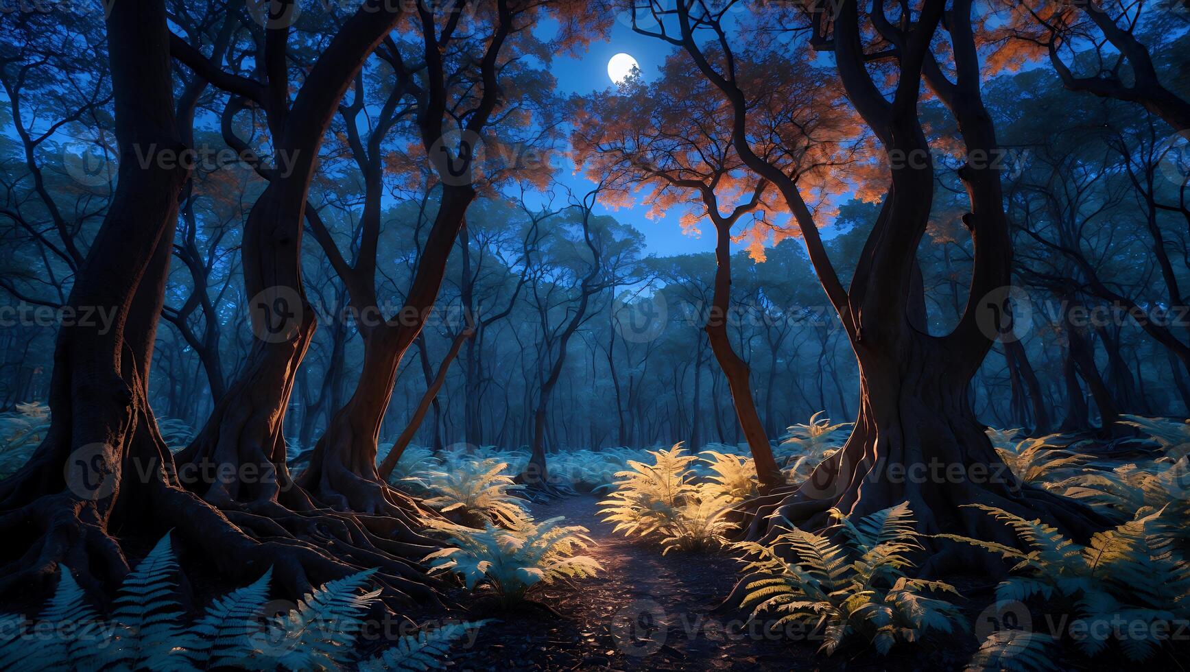Walking Trail Through Misty Forest at Night with Moon Shining Above photo