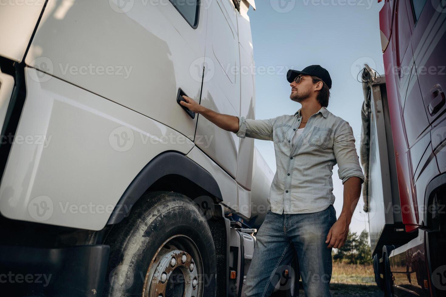 Opening, the ,door. Truck driver is near the transport outdoors photo