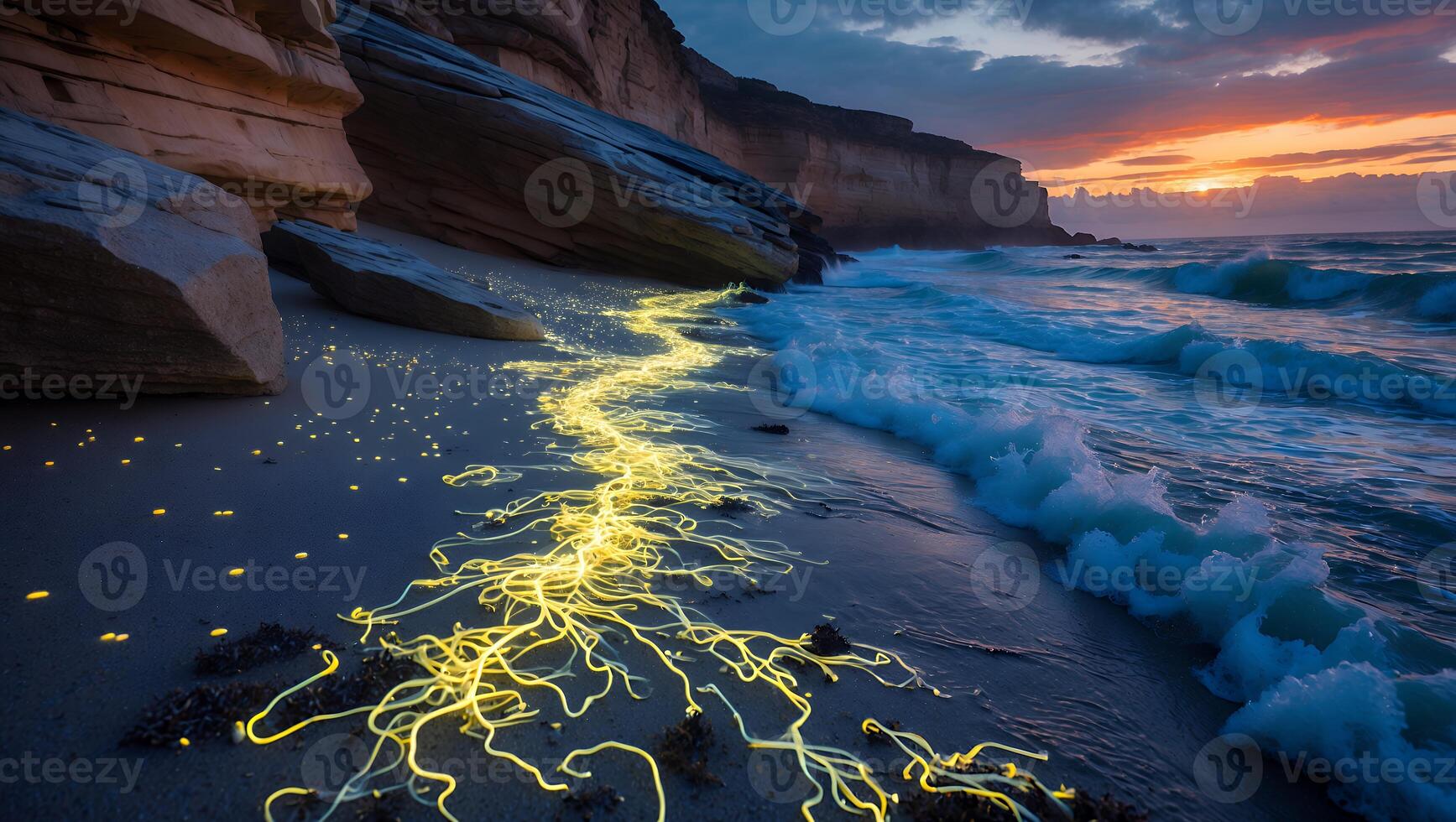 Glowing Beach Scene with Waves at Sunset and Rocky Cliffs photo