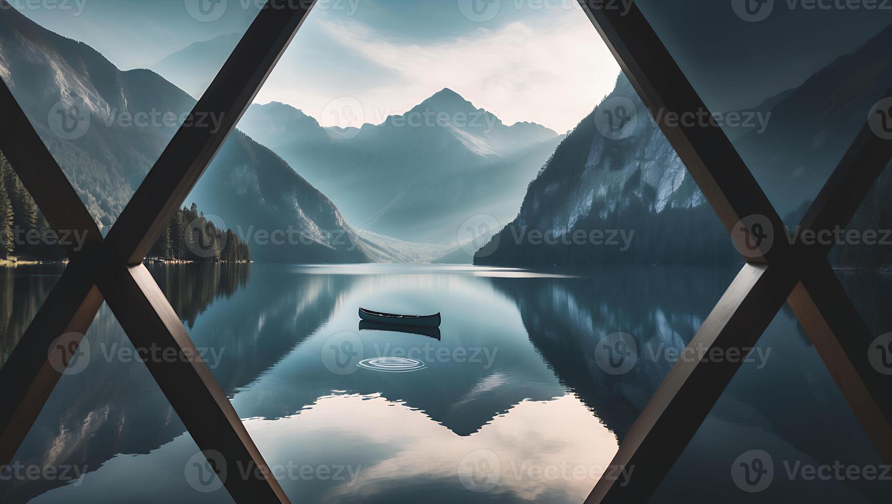 Serene Mountain Lake View Framed by Wooden Structure with Small Boat photo