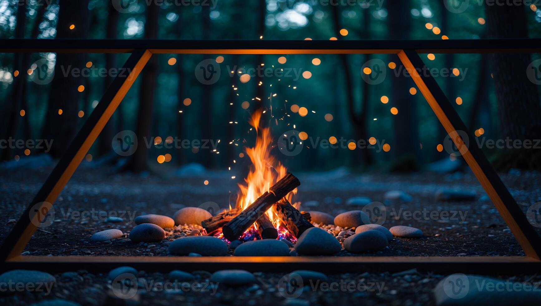 Campfire Burning Brightly in Forest with Soft Lighting View photo