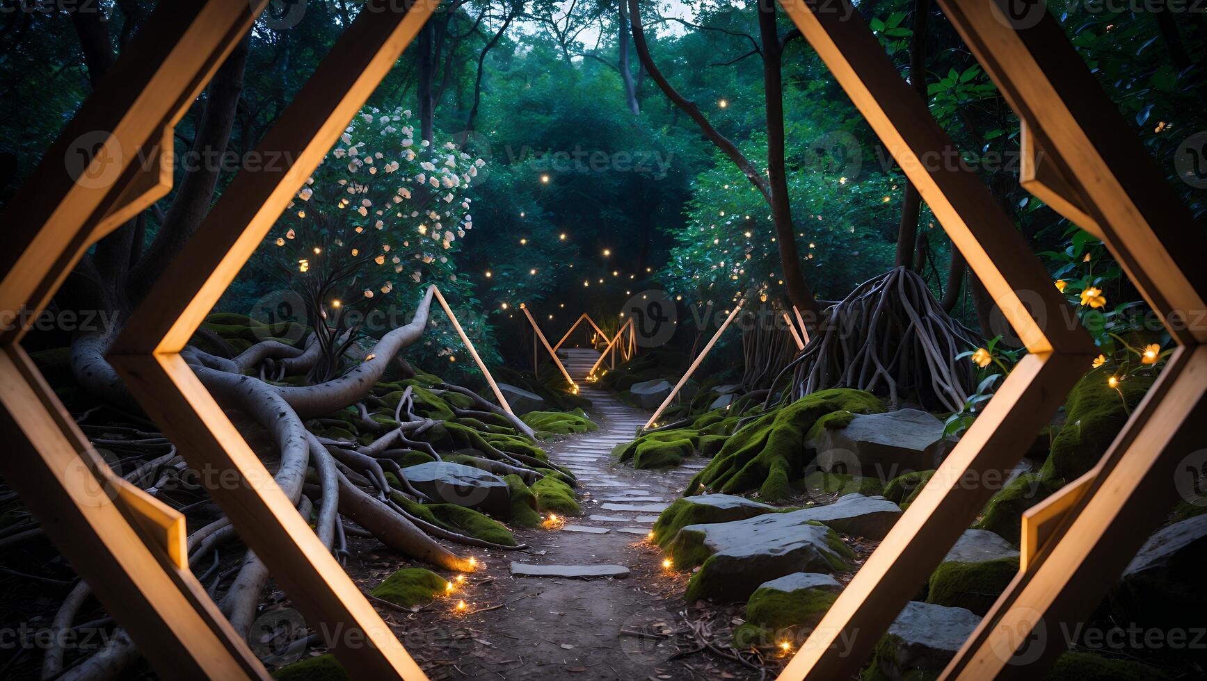 Walking Path Through Magical Glowing Forest with Mossy Rocks photo