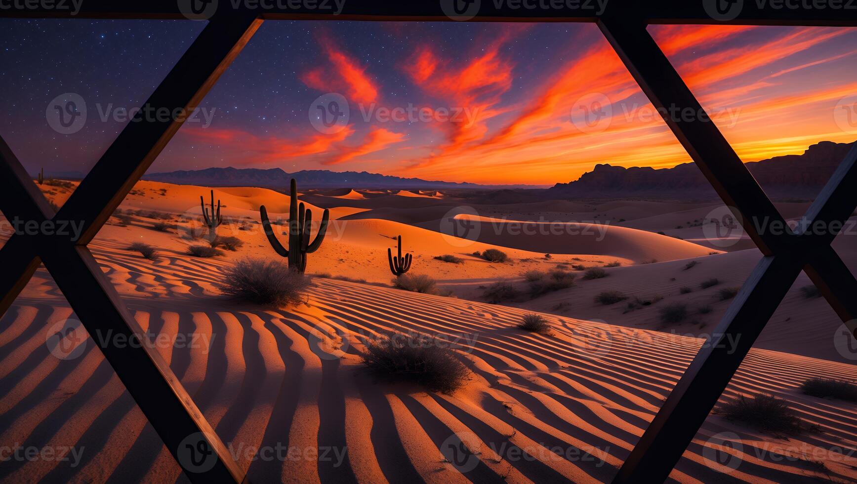 Desert Landscape Framed View with Cacti, Sunset Sky, and Sand Dunes photo