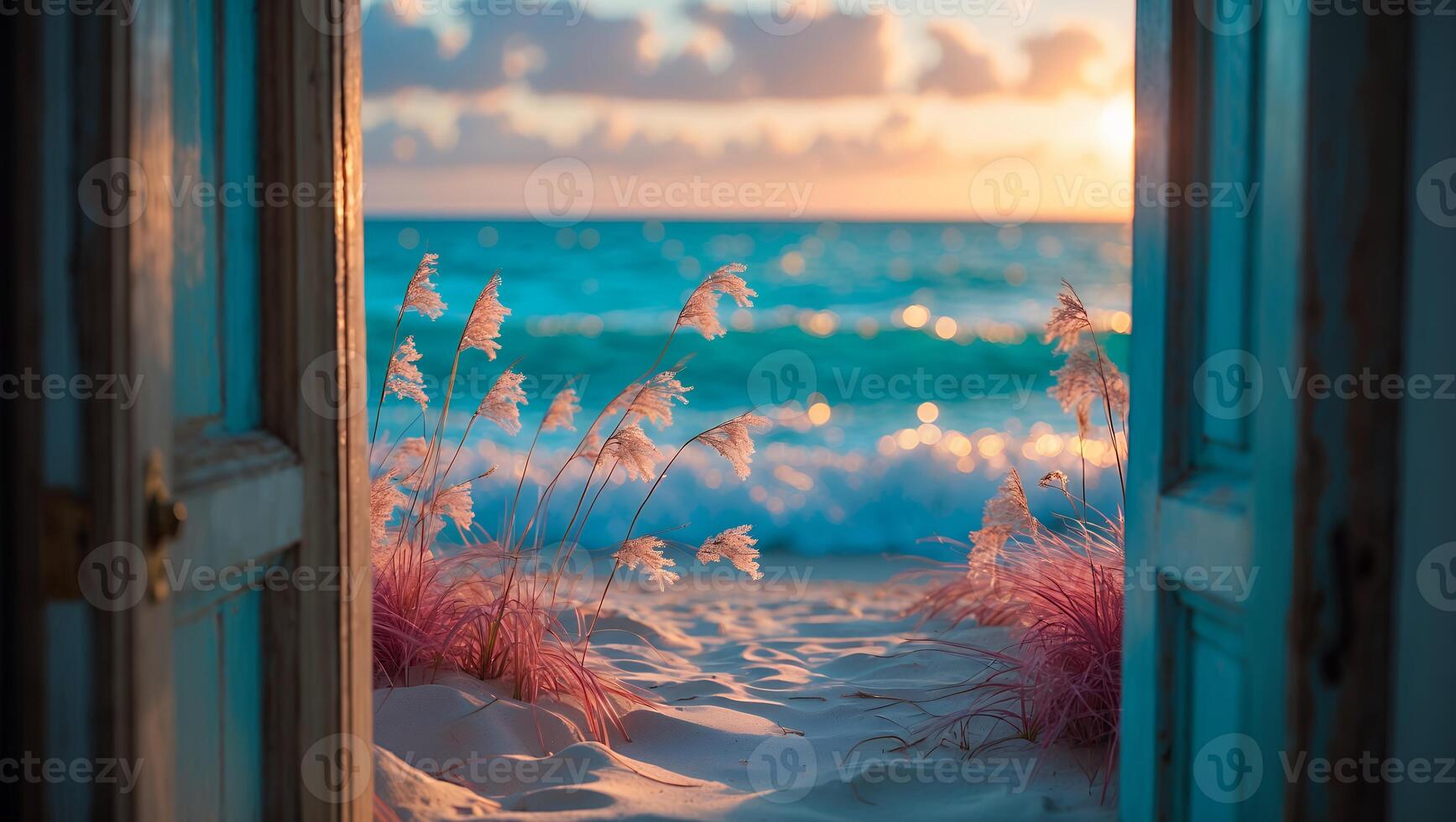 Ocean View Through Open Door with Beach Grass and Waves photo