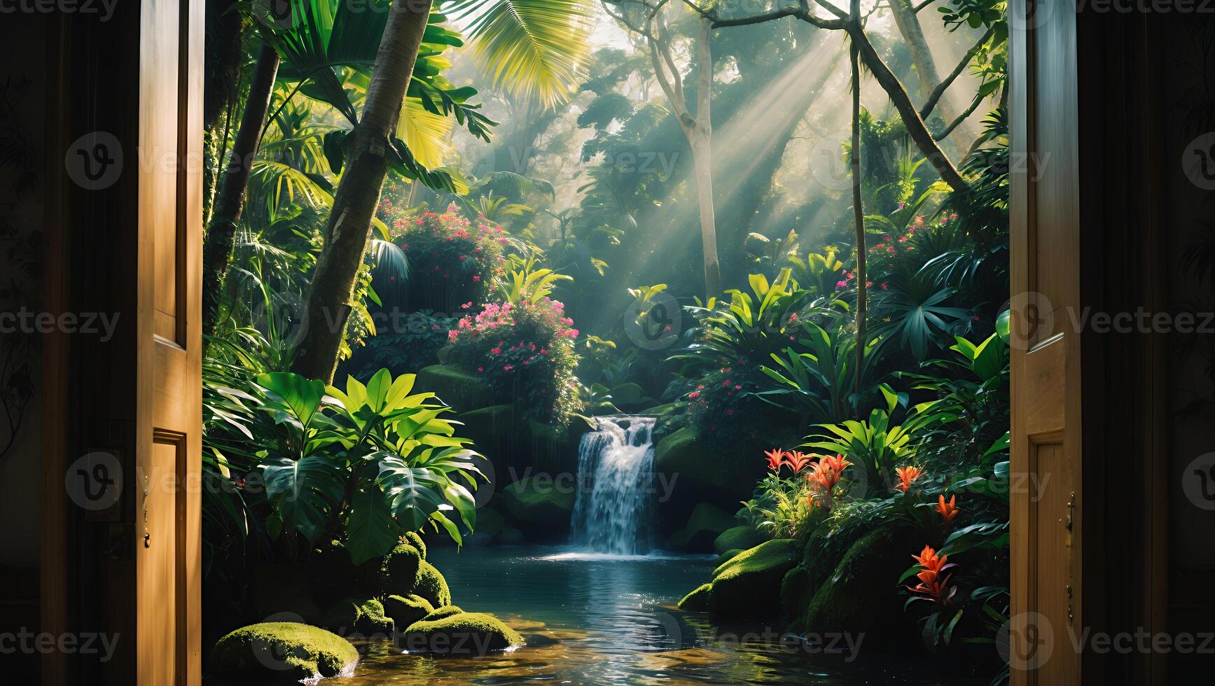 Waterfall View Through Open Door Surrounded by Lush Tropical Vegetation photo