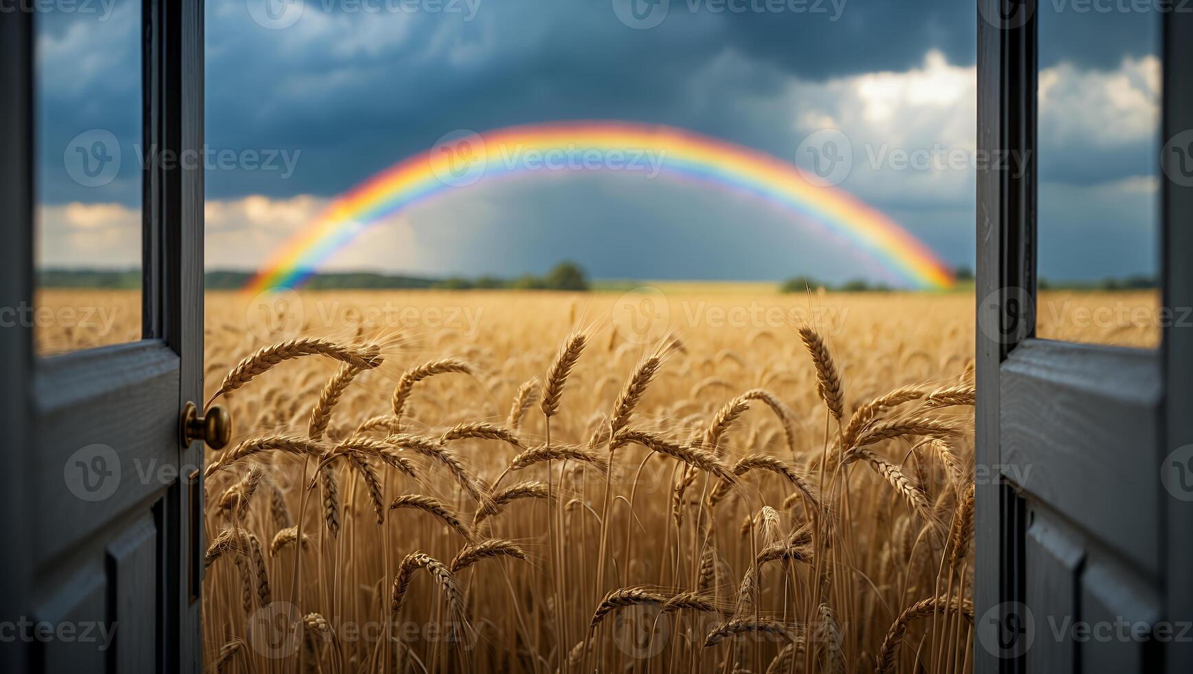 Open Door View Into Golden Wheat Field with Vibrant Rainbow photo