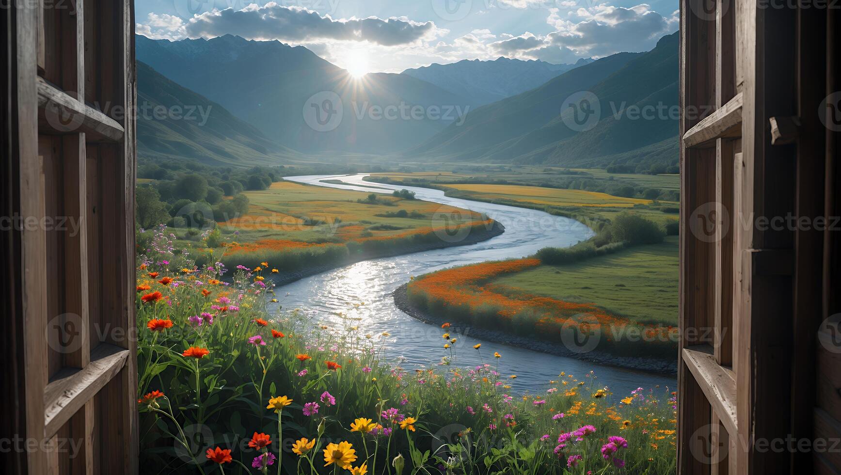 River View From Open Window with Wildflowers and Mountain Landscape photo