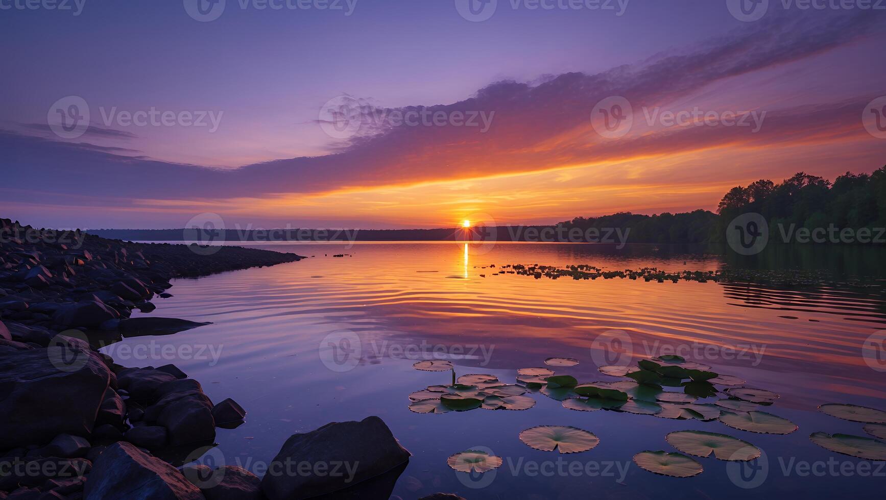 Sunset Glow on Calm Lake with Lily Pads and Rocky Shoreline photo