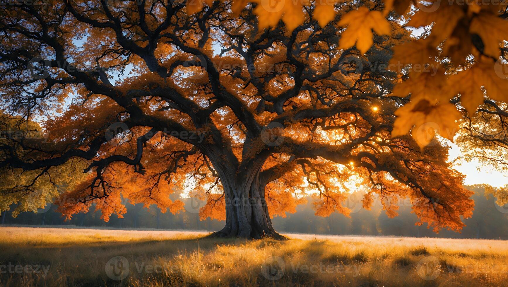 Majestic Old Tree with Golden Leaves Bathed in Sunrise Light photo
