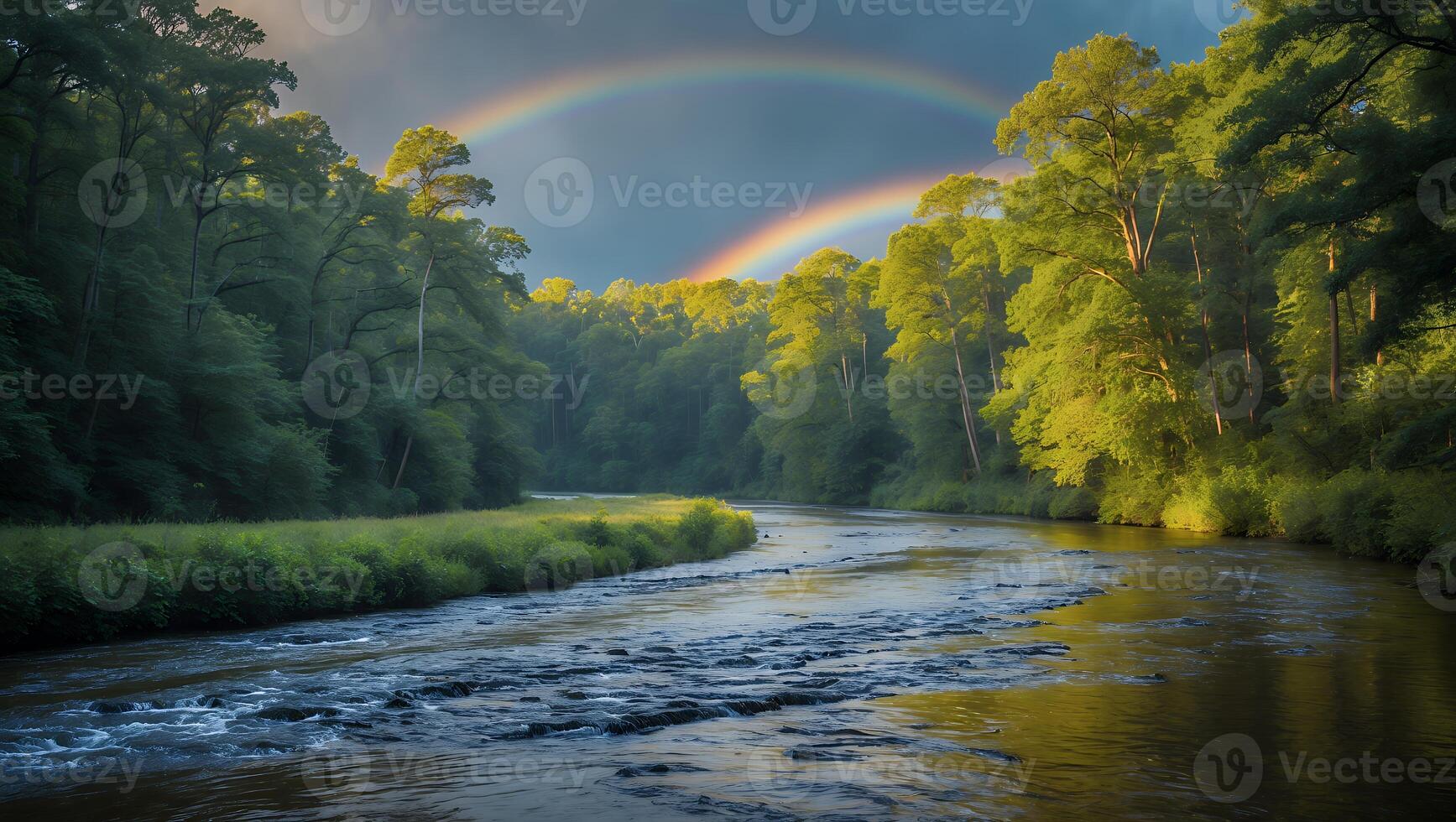 River Flows Through Forest with a Rainbow Above Tree Canopy photo