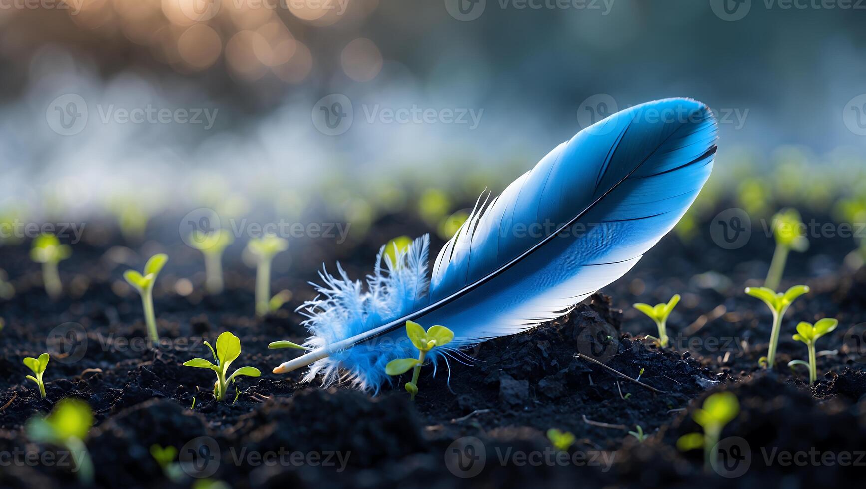 Blue Feather Resting on Soil with Emerging Seedlings in Soft Light photo
