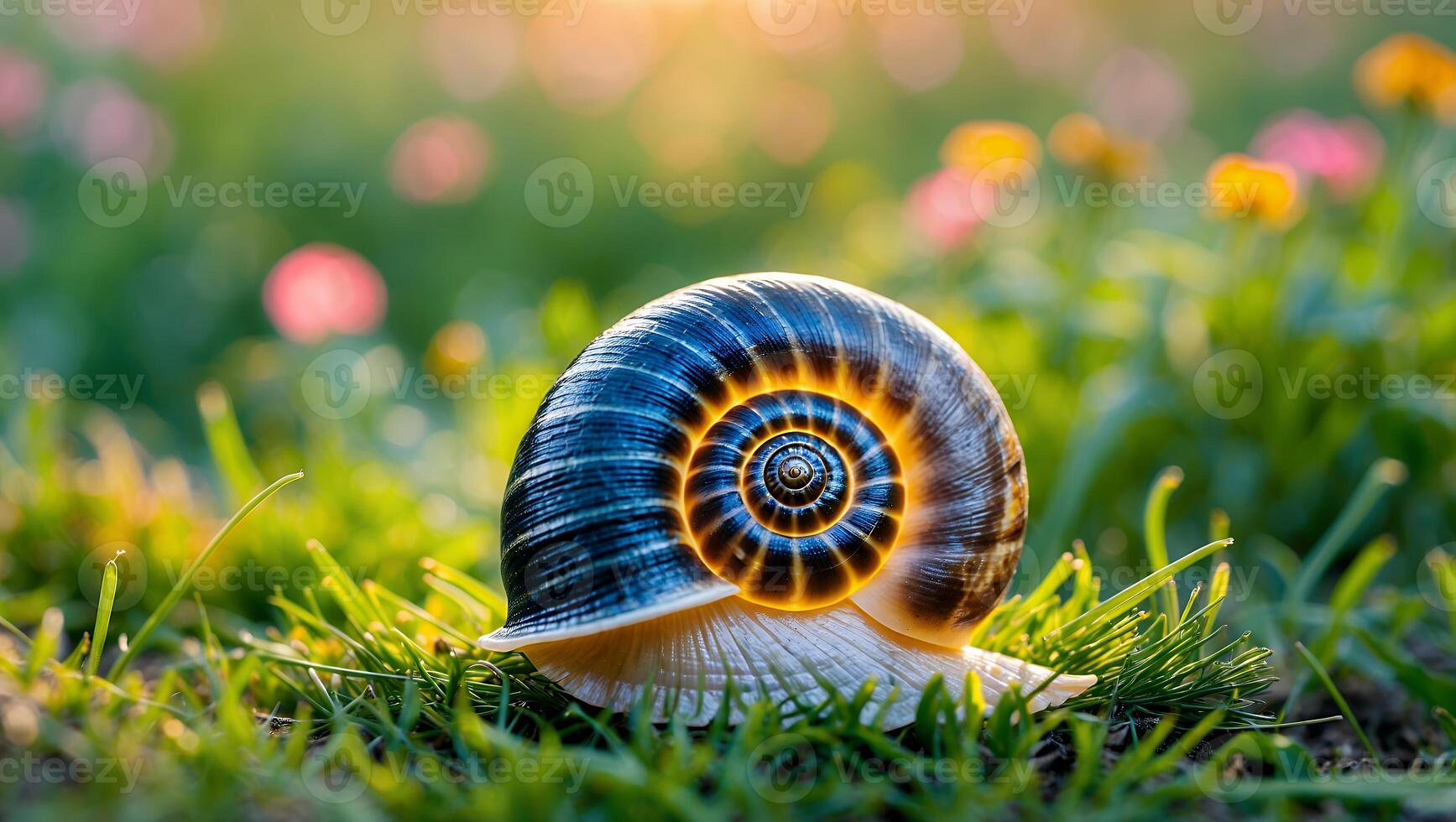 Snail Crawling Through Green Grass with Flowers in Background photo