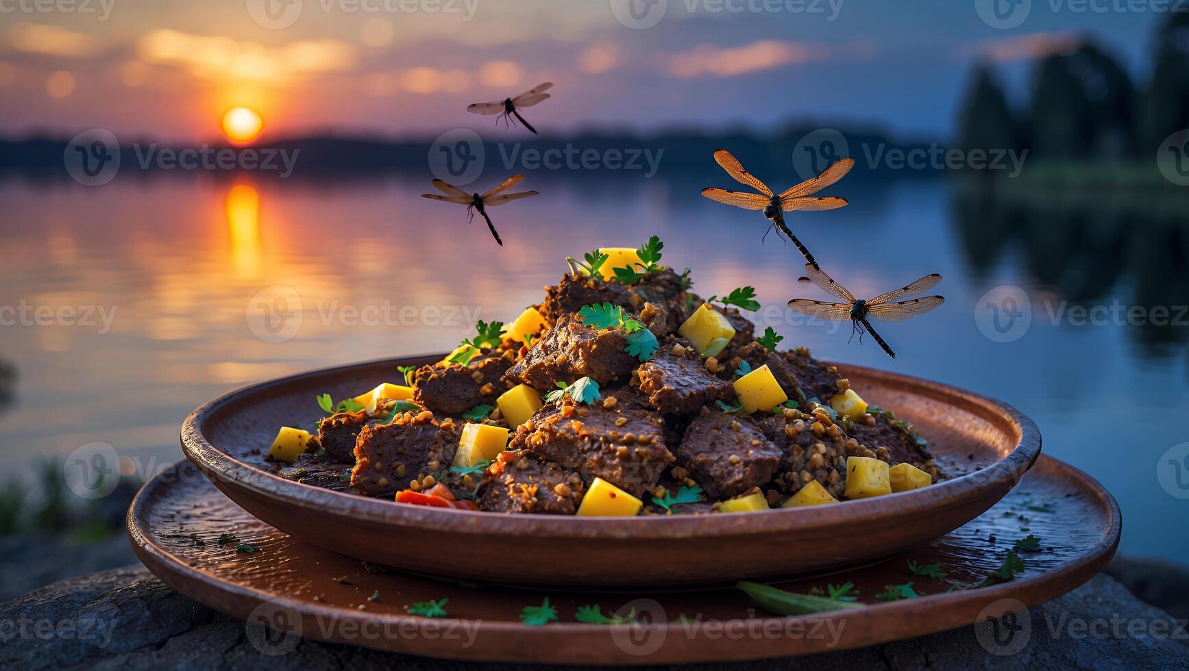 Delicious Food Plating with Dragonflies Near Tranquil Waters at Sunset photo