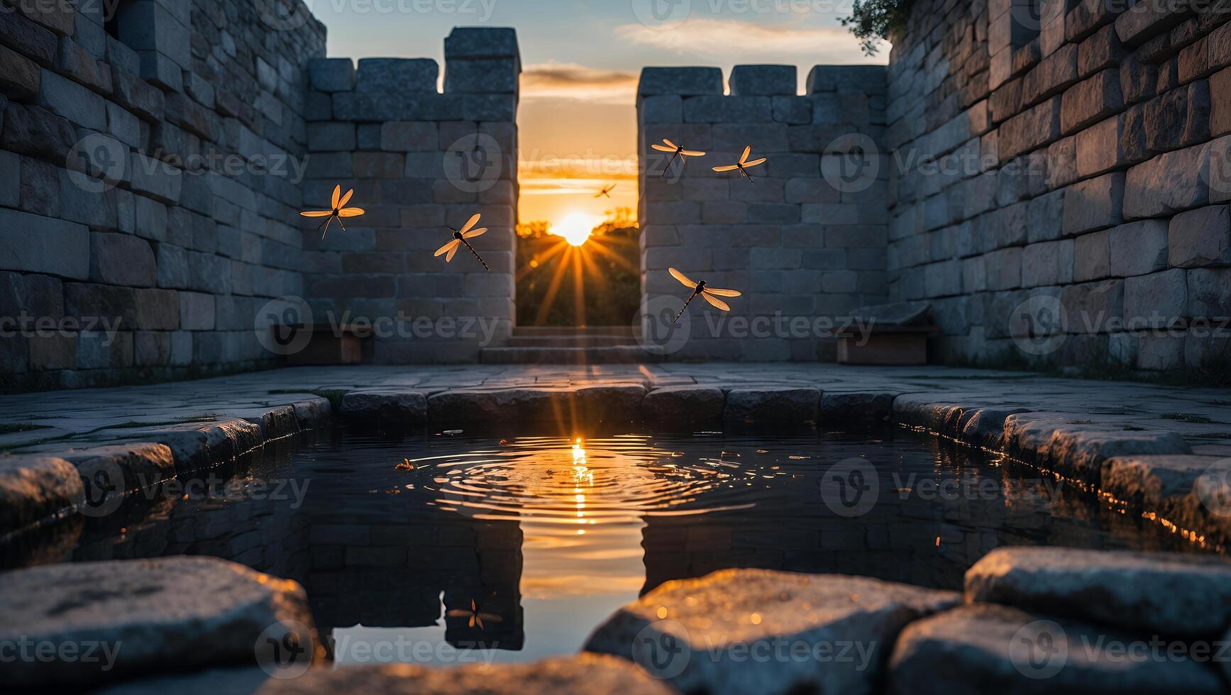 Dragonflies Flying Near Stone Structure and Reflecting Pool at Sunset photo