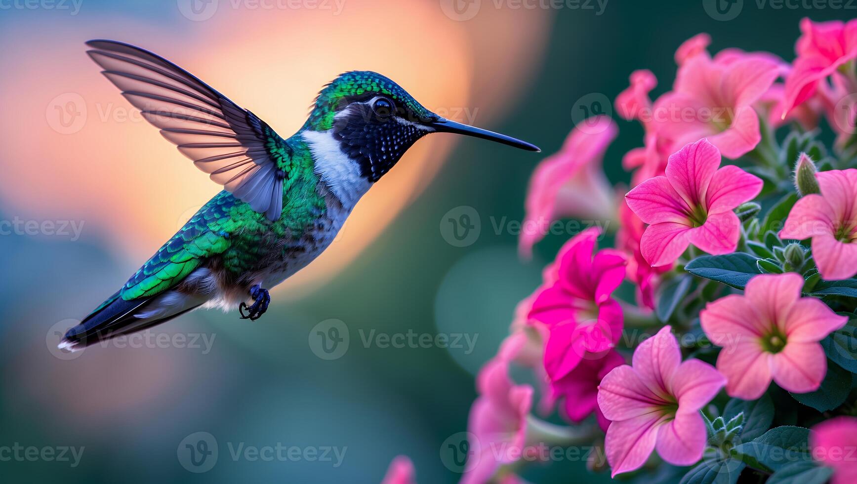 Hummingbird Hovering Near Pink Flowers in a Colorful Garden Setting photo
