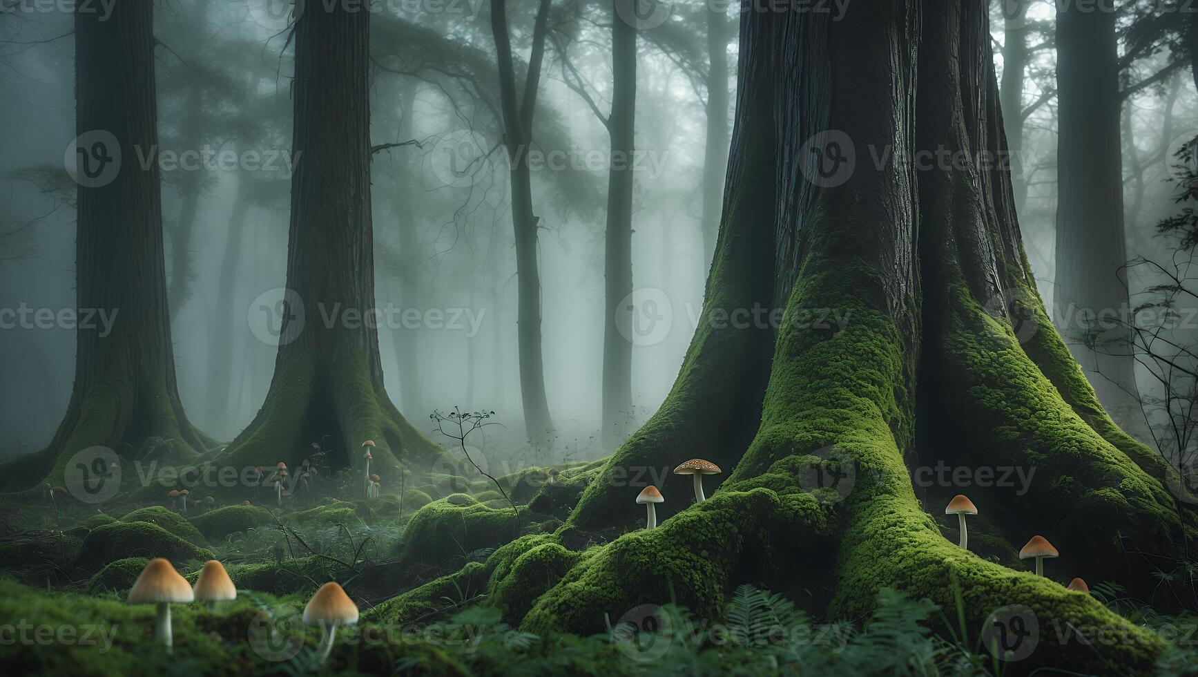 Mushroom Forest Floor with Fog and Moss-covered Trees in Atmospheric Scene photo