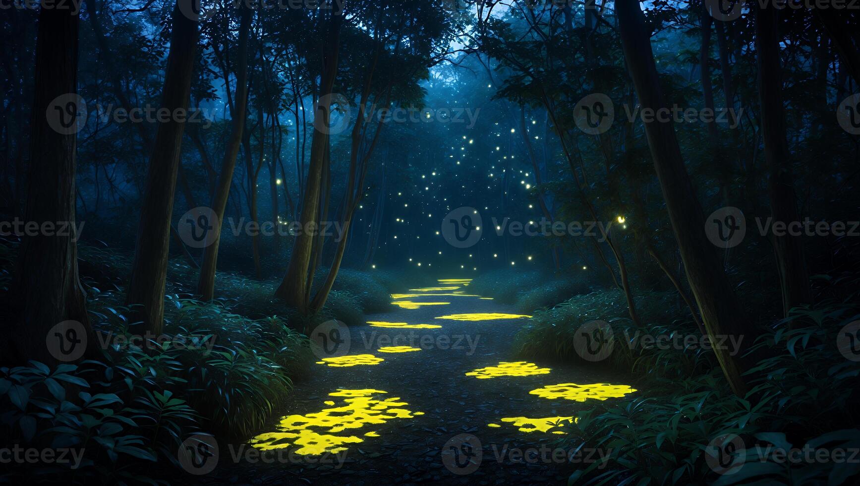 Walking on a Forest Path at Night with Glowing Lights photo