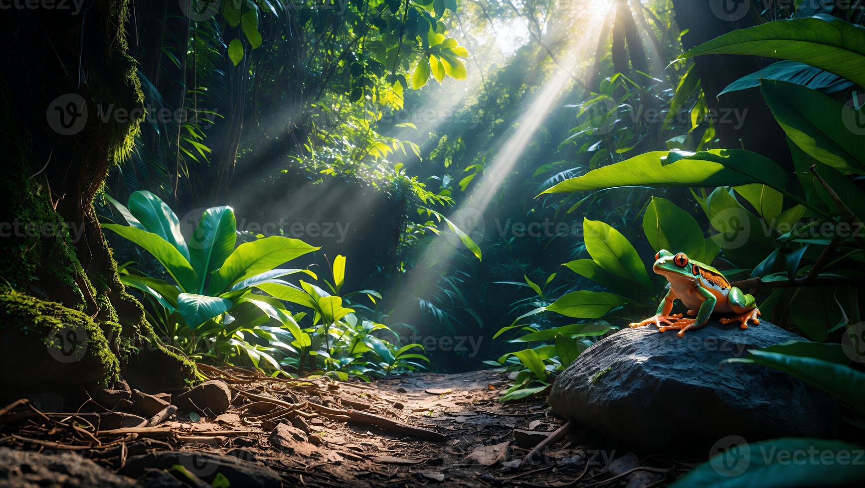 Frog Sitting on Rock in Rainforest with Sunlight Streaming Through Canopy photo