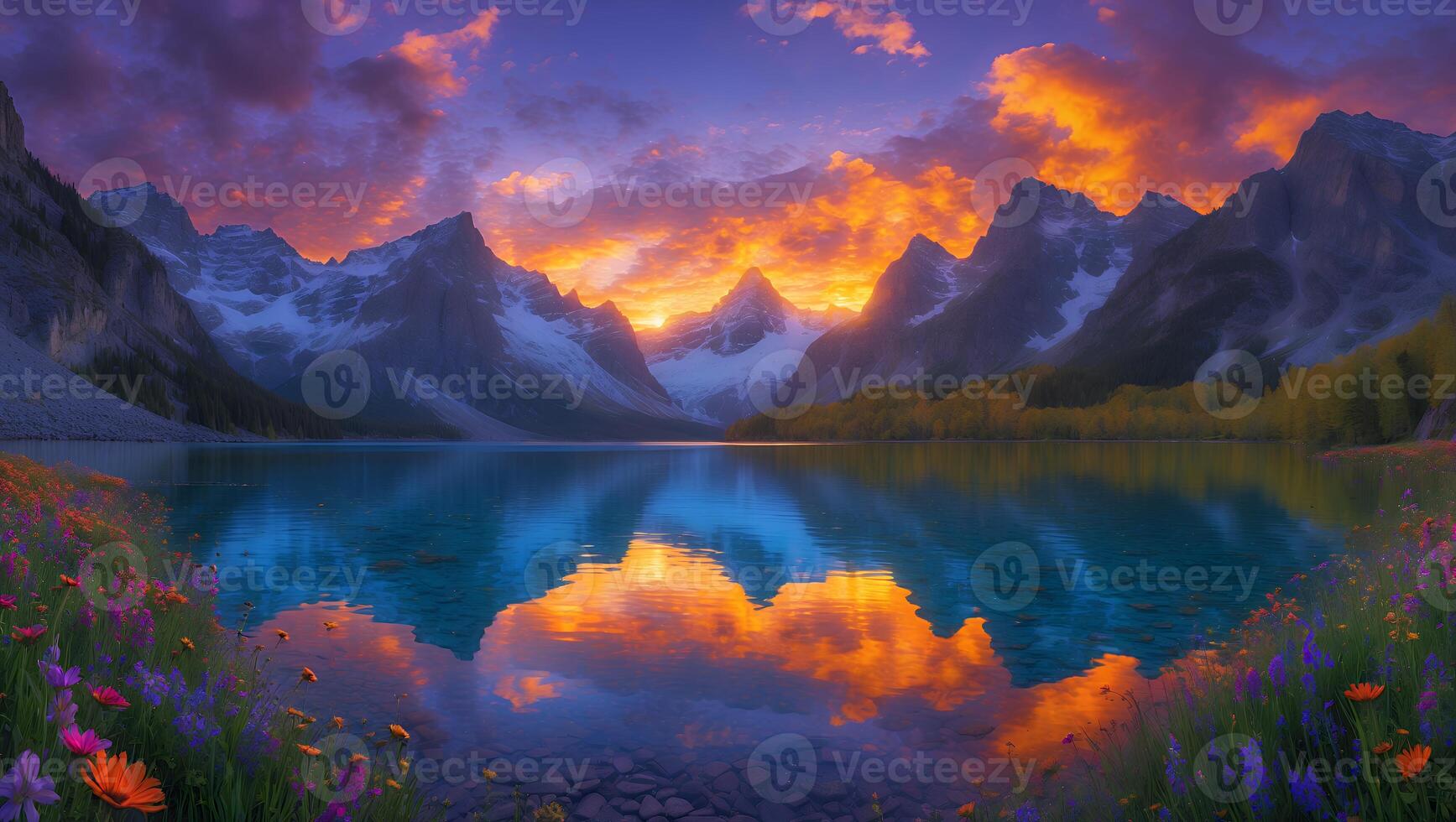 Reflecting Lake Landscape at Sunset with Majestic Mountains and Flowers photo