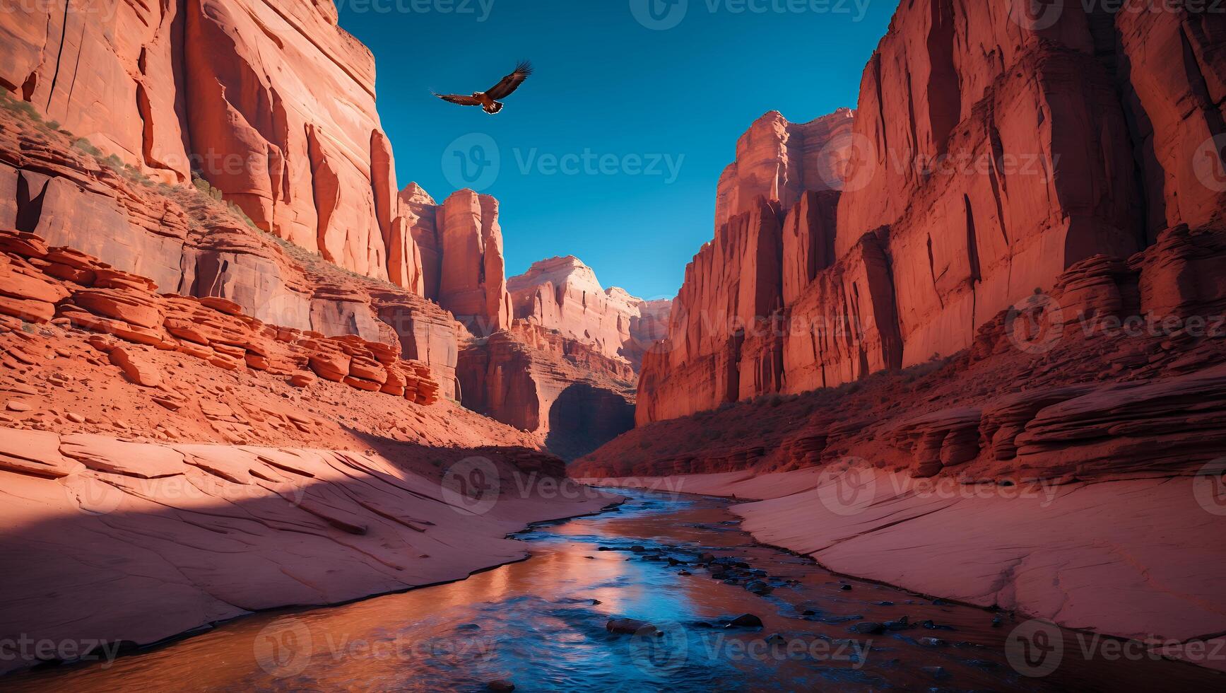 Eagle Soaring Above Canyon with River Running Through Red Rocks photo